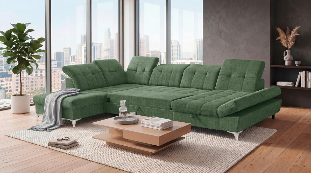 WOHNLANDSCHAFT MERCY Dunkelgrün Mikrovelours  - Kaschmir/Dunkelgrün, MODERN, Kunststoff/Textil (245/348/168cm) - MID.YOU