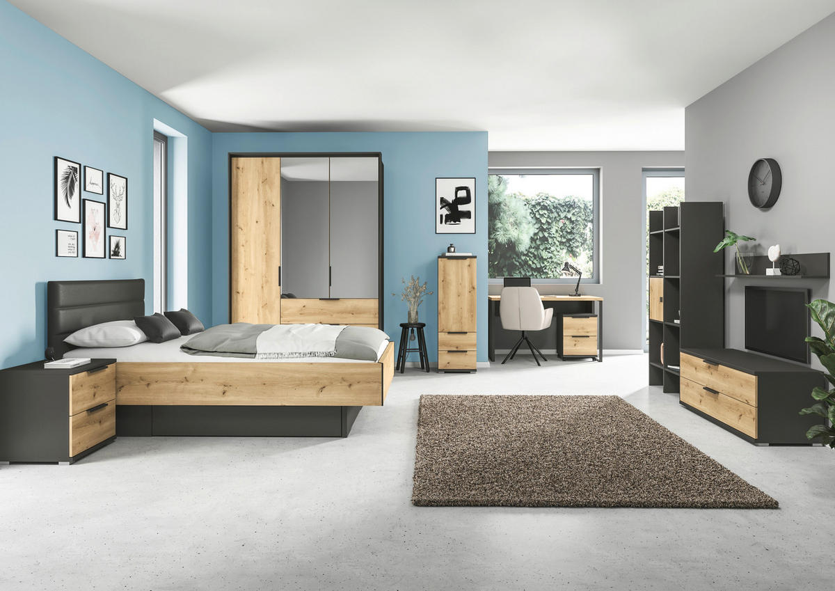 JUGENDZIMMER Graphitfarben, Eichefarben  - Eichefarben/Graphitfarben, KONVENTIONELL, Holzwerkstoff/Textil (120/200cm) - Xora