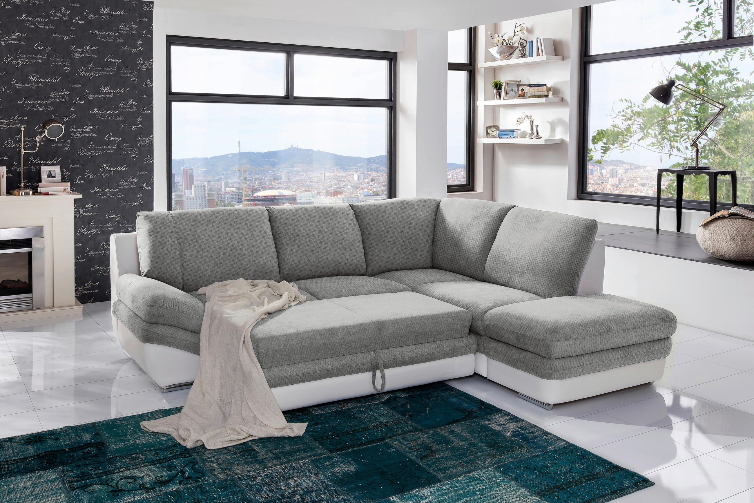 Thumbnail - Mid.you Wohnlandschaft, Weiß, Dunkelgrau, Textil, Ottomane rechts, L-Form, 264x221 cm, Made in EU, Wohnzimmer, Sofas & C...