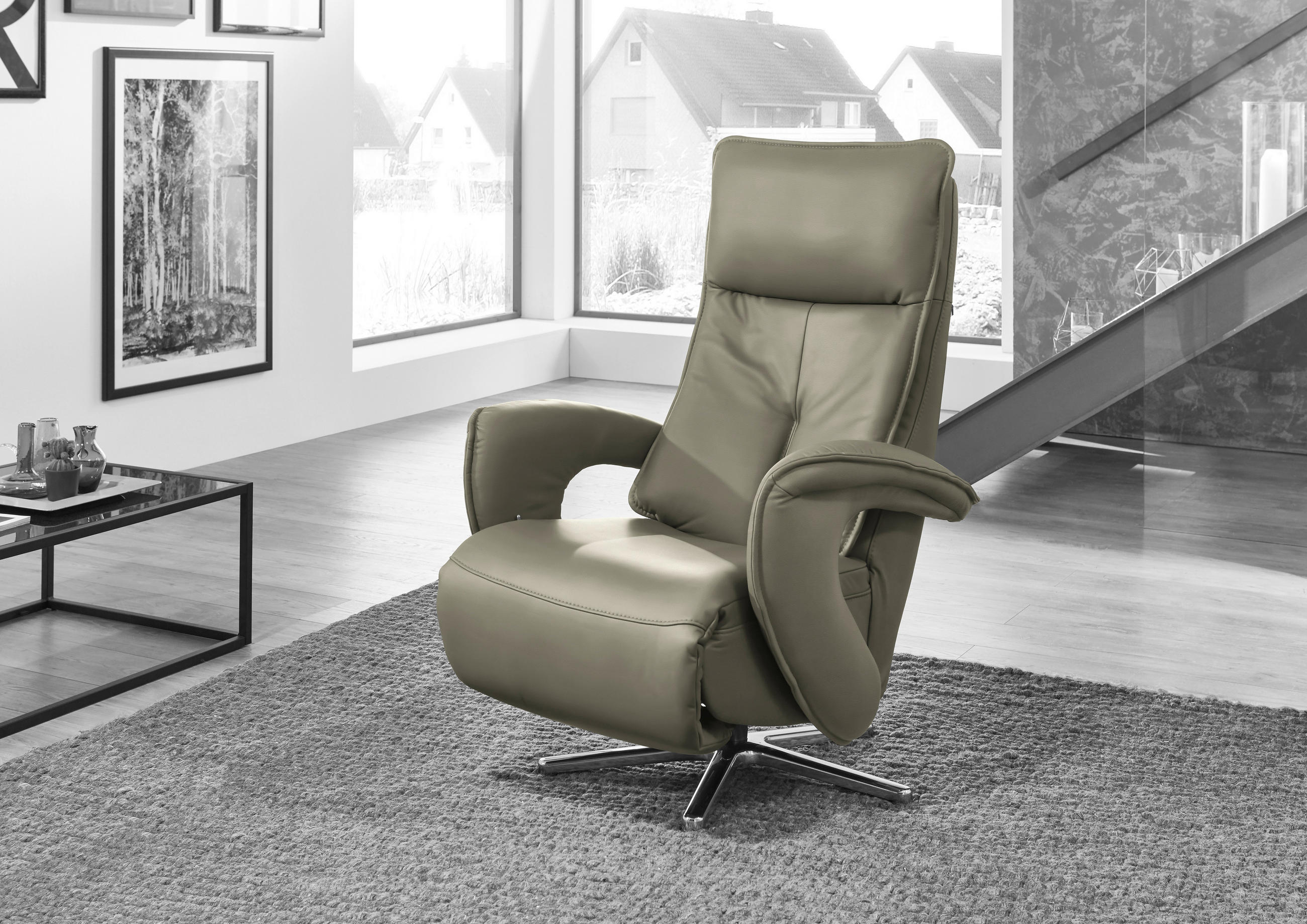 RELAXSESSEL Echtleder Relaxfunktion    - Edelstahlfarben/Hellgrau, Design, Leder/Metall (77/110/87cm) - Valdera