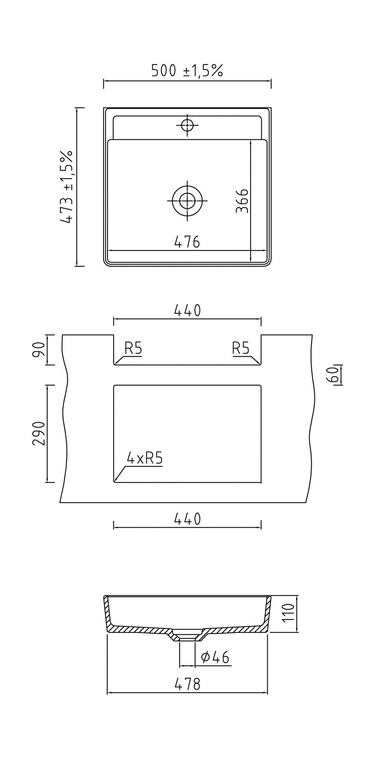 WASCHBECKEN 50/11/47,3 cm  - Weiß, Basics, Keramik (50/11/47,3cm) - Systemceram