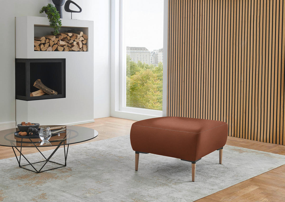 HOCKER in Leder Cognac  - Cognac/Beige, Natur, Leder/Holz (65/46/55cm) - Valnatura