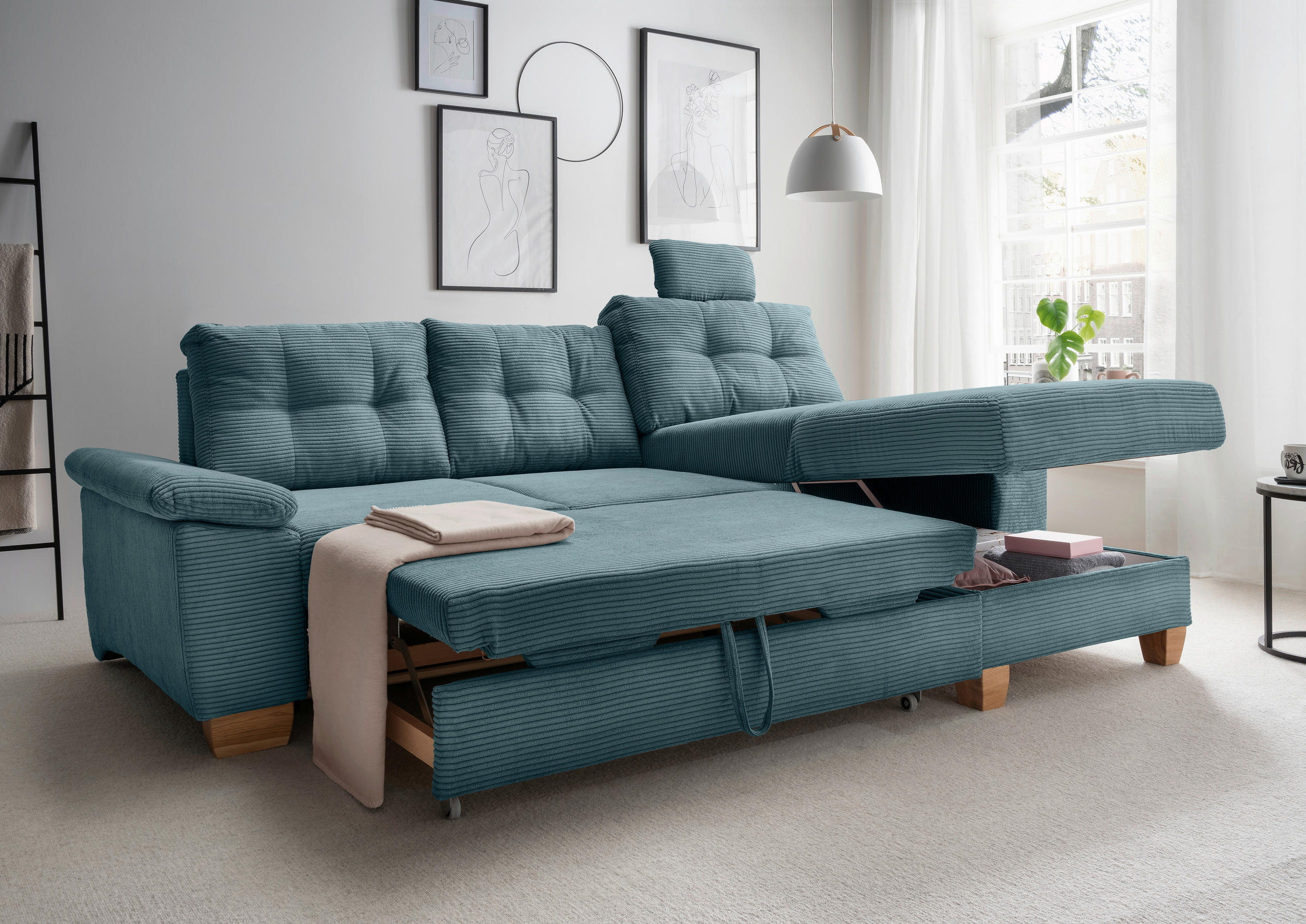 ECKSOFA in Cord Petrol - Petrol/Naturfarben, MODERN, Holz/Textil (270/176cm) - Livetastic