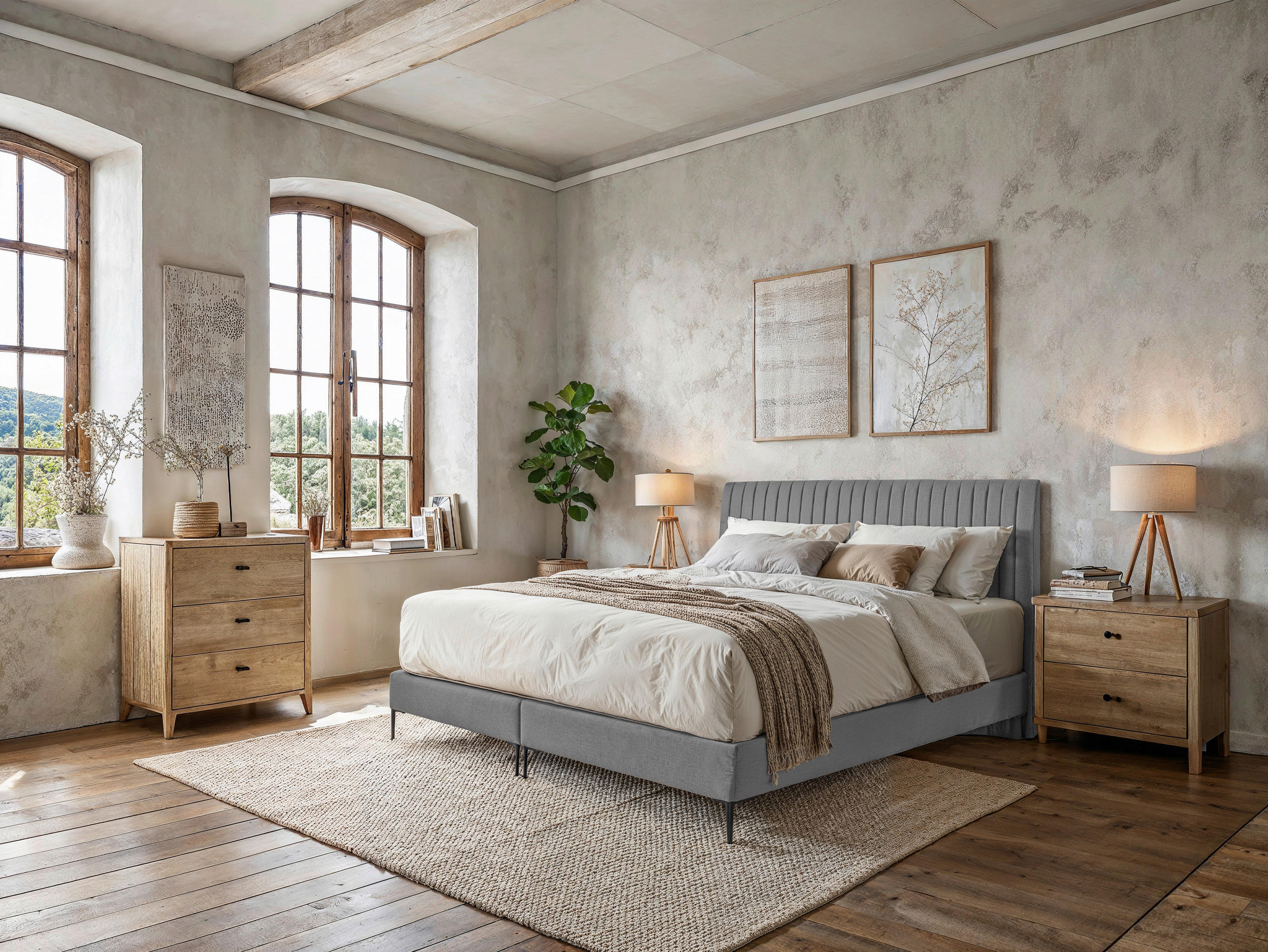 BOXSPRINGBETT 180/122 cm  in Grau  - Schwarz/Naturfarben, MODERN, Holzwerkstoff/Textil (180/122cm) - MID.YOU