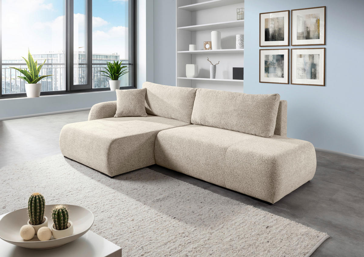 ECKSOFA Beige Flachgewebe Zierkissen, Rückenkissen, Bettkasten, Schlaffunktion, Rücken echt, Liegefläche im Originalstoff  - Beige/Schwarz, KONVENTIONELL, Kunststoff/Textil (145/260cm) - Carryhome