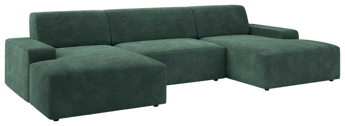 WOHNLANDSCHAFT in Cord Dunkelgrün  - Dunkelgrün/Schwarz, Modern, Kunststoff/Textil (162/329/162cm) - Trendmanufaktur
