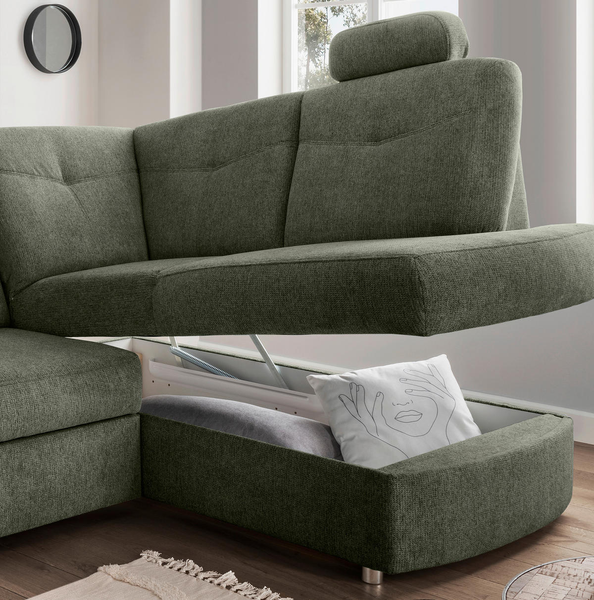ECKSCHLAFSOFA in Chenille Dunkelgrün  - Chromfarben/Dunkelgrün, Modern, Kunststoff/Textil (264/180cm) - Livetastic