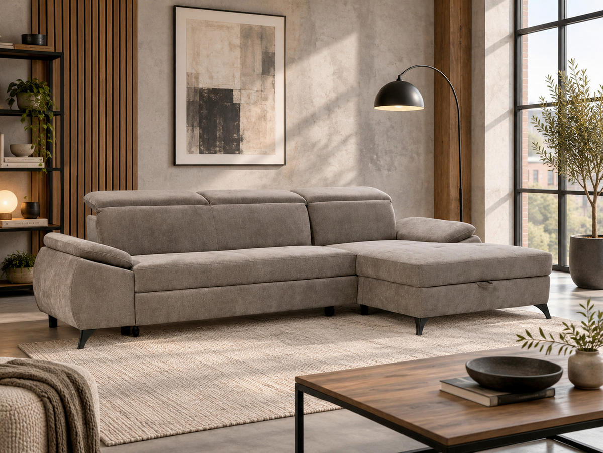 ECKSOFA TAOS Braun Struktur Bettkasten, Schlaffunktion, Rücken echt, Kopfteilverstellung  - Schwarz/Braun, Basics, Holz/Textil (281/166cm) - MID.YOU