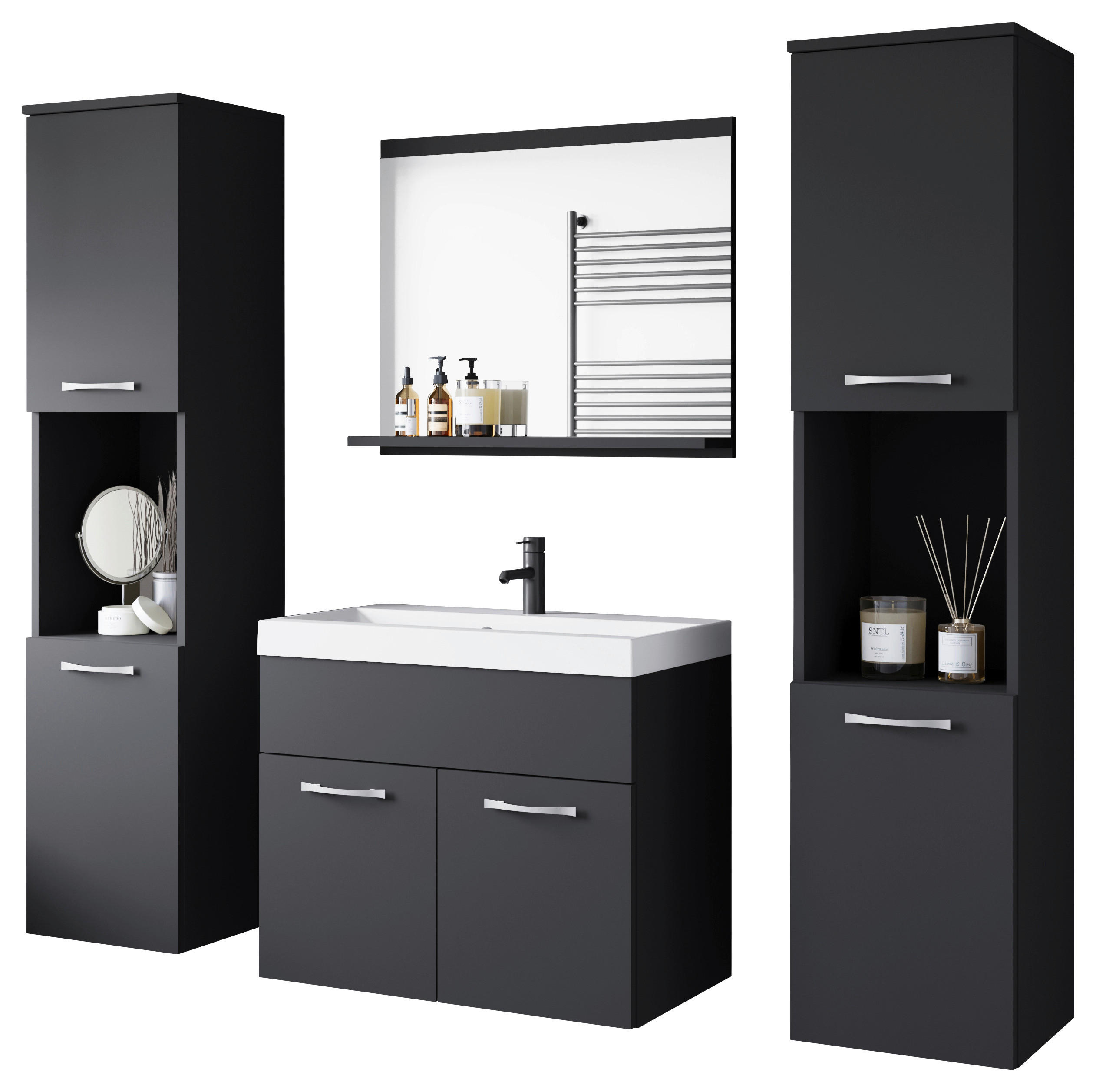 Thumbnail - P & B Badezimmer, Graphit, Schwarz, Metall, 5-teilig, 8 Fächer, 120.4x132.8x35 cm, Fsc, hängend, Badezimmer, Badmöbelset...