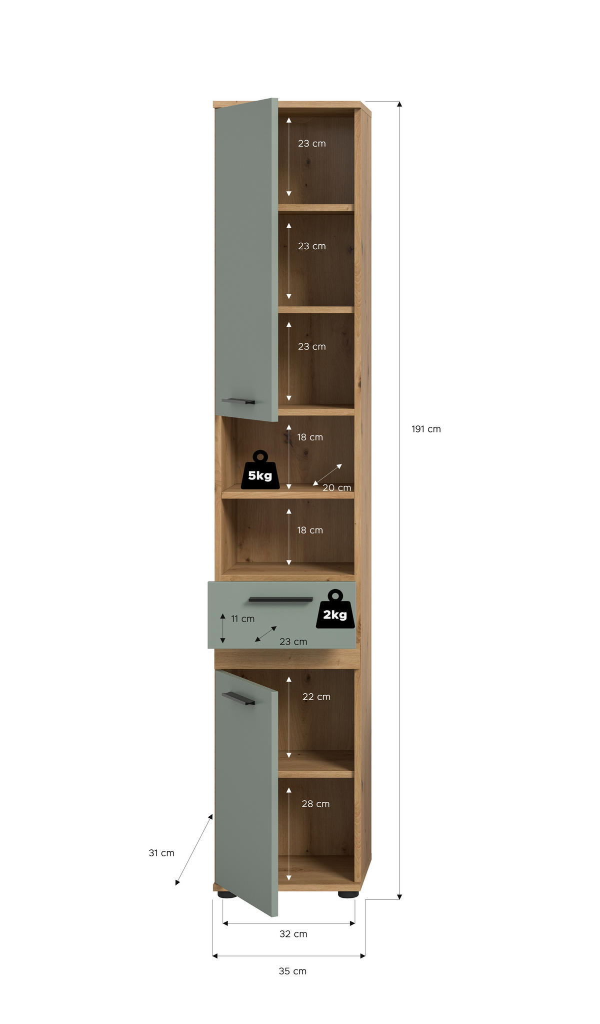 HOCHSCHRANK 35/191/31 cm  - Salbeigrün/Schwarz, Trend, Holzwerkstoff/Kunststoff (35/191/31cm) - MID.YOU