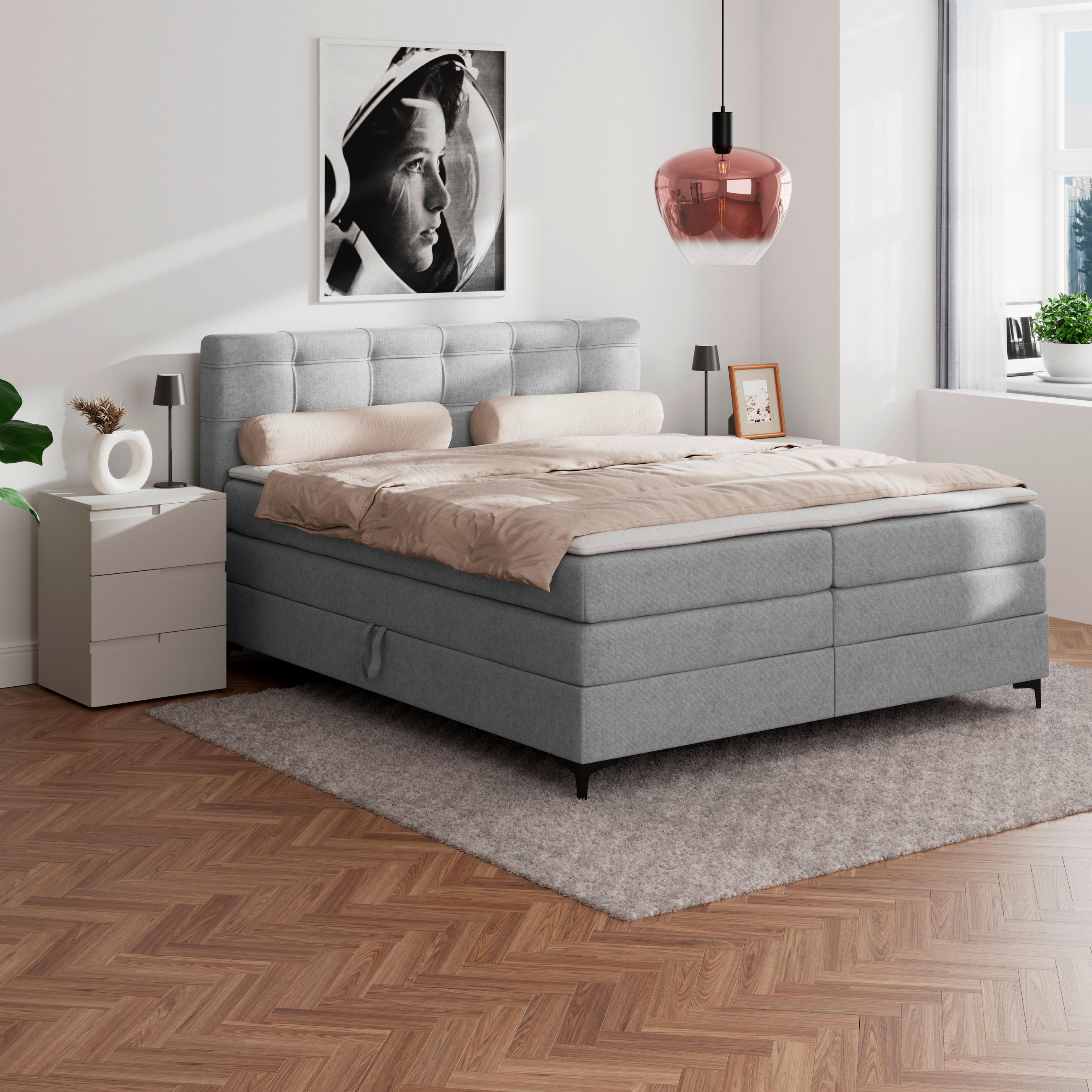 BOXSPRINGBETT 160/200 cm,  in Hellgrau, H3 = fest  - Hellgrau/Schwarz, KONVENTIONELL, Kunststoff/Textil (160/200cm)