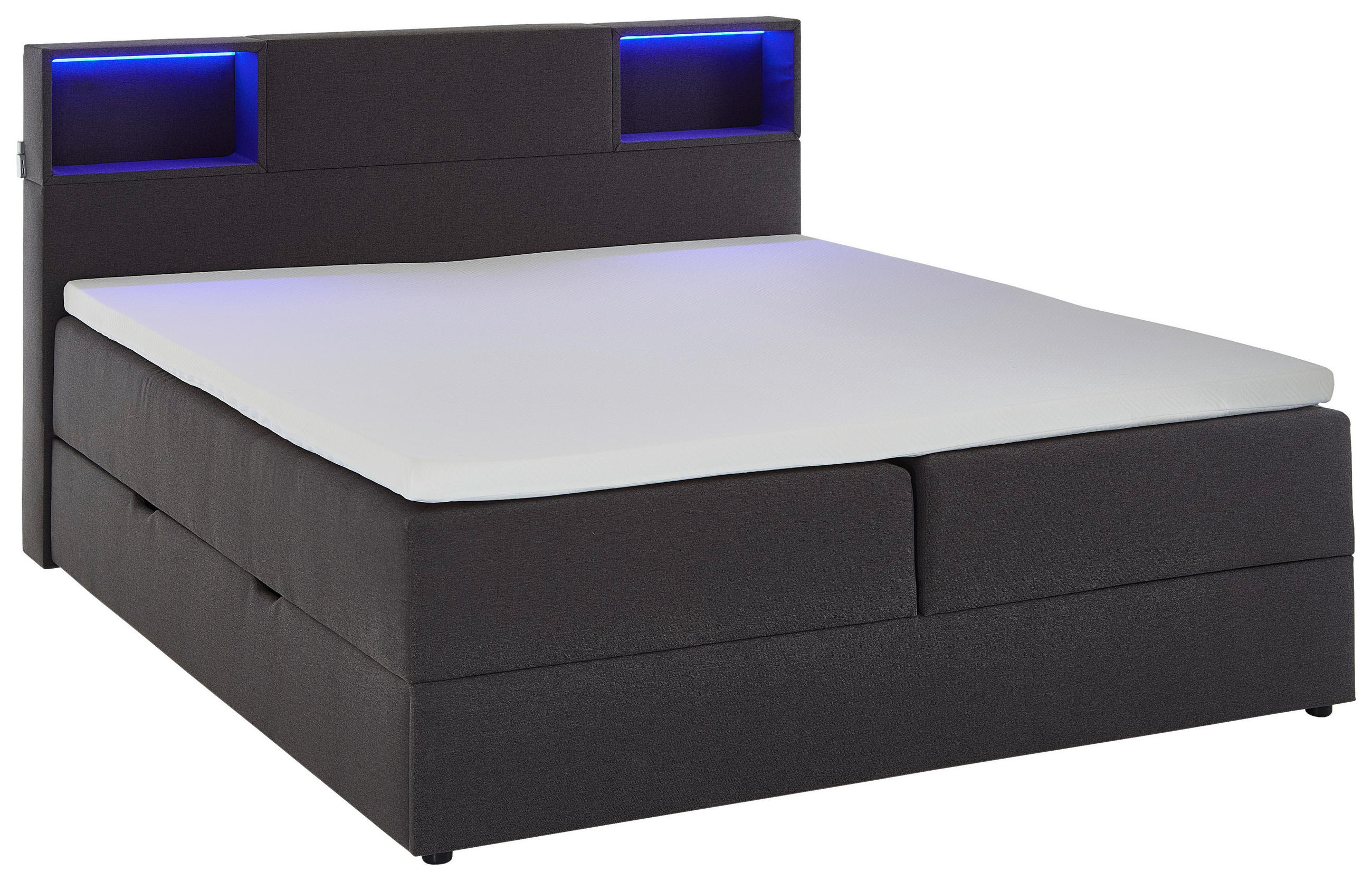 BOXSPRINGBETT 160/200 cm,  in Anthrazit, Matratze, Beleuchtung, Bettkasten, Topper, H3 = fest  - Anthrazit/Schwarz, Design, Holz/Textil (160/200cm) - Xora