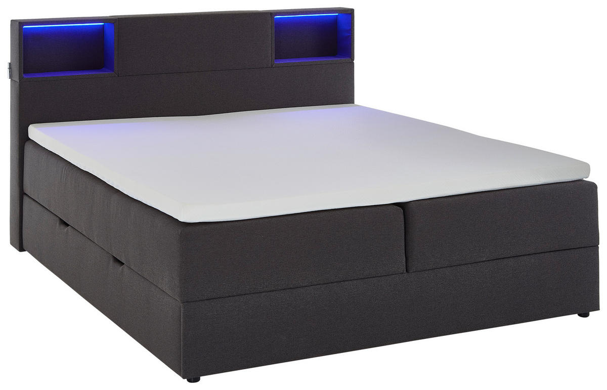 BOXSPRINGBETT 160/200 cm,  in Anthrazit, Matratze, Beleuchtung, Bettkasten, Topper, H3 = fest  - Anthrazit/Schwarz, Design, Holz/Textil (160/200cm) - Xora