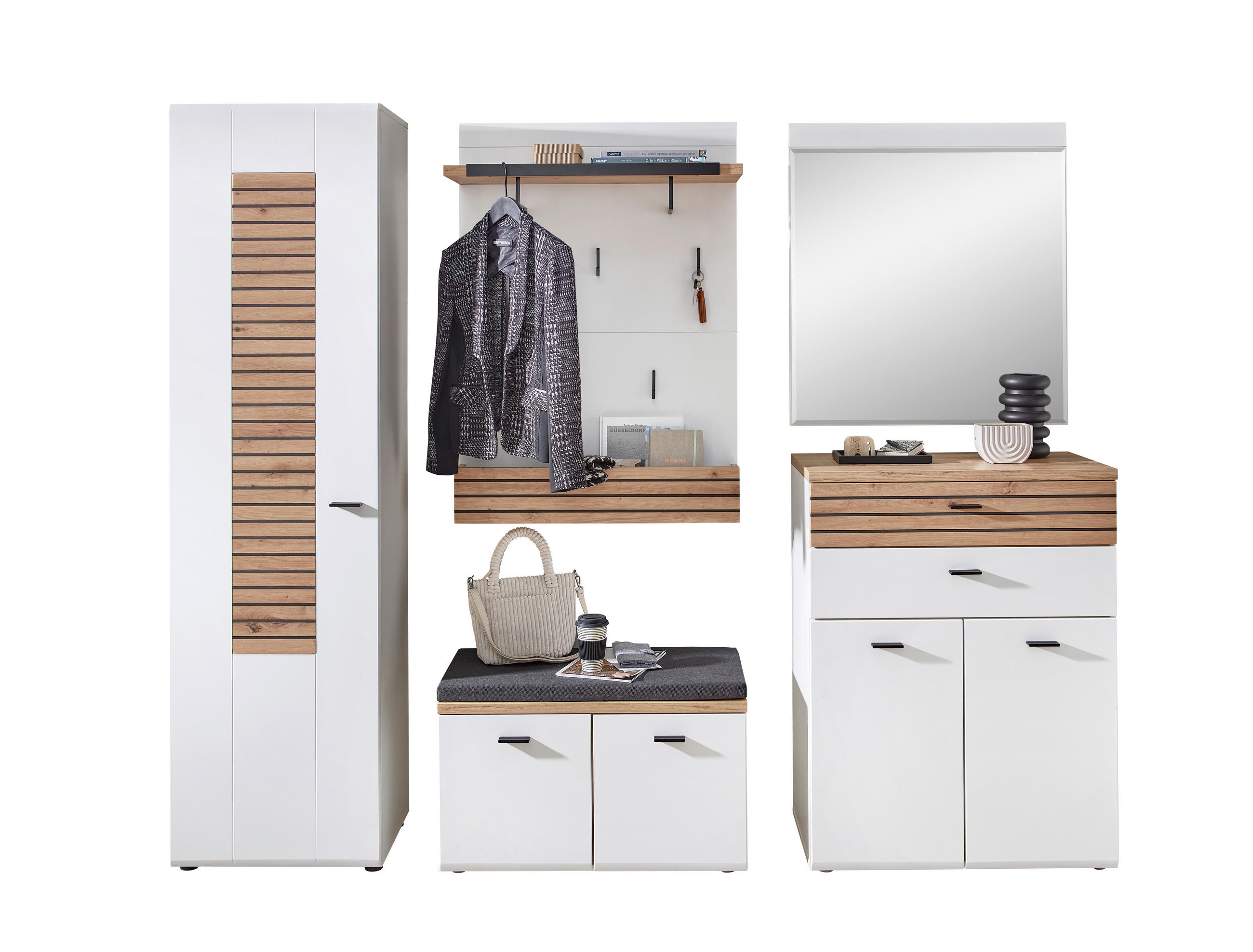 Livetastic Garderobe Fresno Weiß, Eiche Artisan, Schwarz 245x201x40 cm