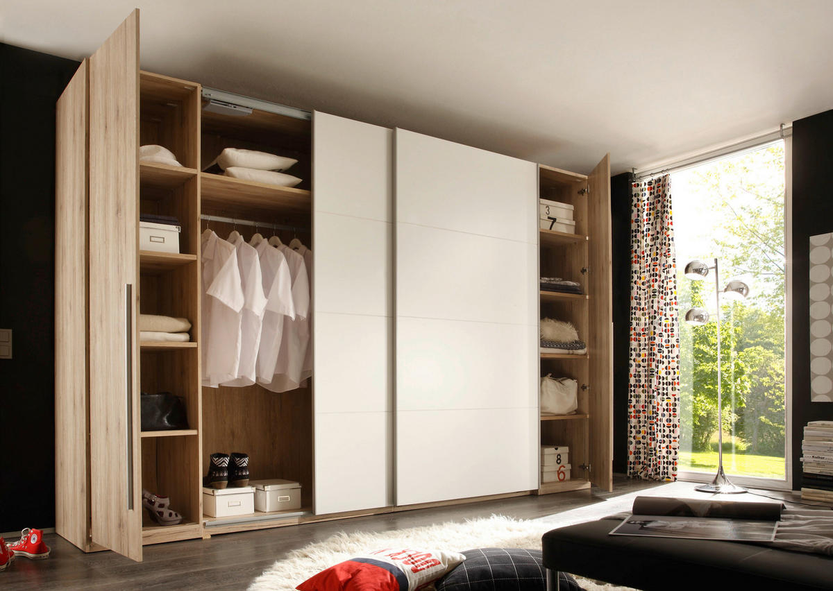 SCHWEBETÜRENSCHRANK  in Weiß, Eiche San Remo  - Alufarben/Eiche San Remo, KONVENTIONELL, Holzwerkstoff/Kunststoff (270/225/61cm) - Ti'me