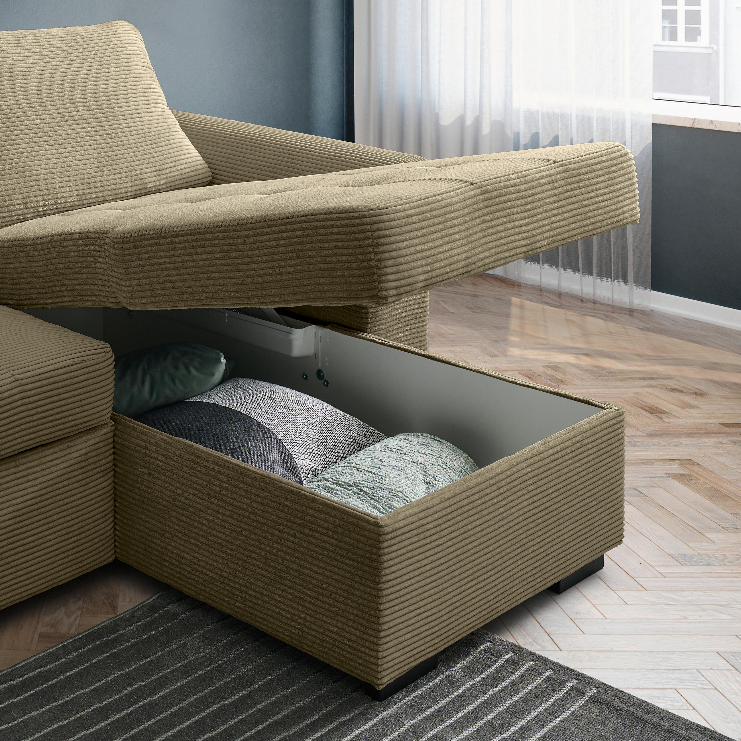 Thumbnail - Xora Ecksofa, Olivgrün, Textil, 3-Sitzer, Füllung: Kaltschaum, seitenverkehrt montierbar, L-Form, 243x155 cm, Stoffauswa...