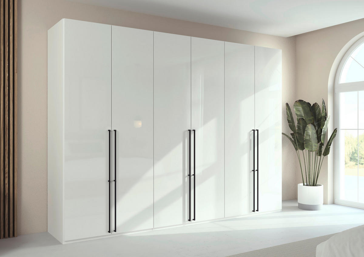 DREHTÜRENSCHRANK 301/235/61 cm,  in Weiß, Weiß Hochglanz, 6-türig  - Weiß Hochglanz/Schwarz, Basics, Holzwerkstoff/Metall (301/235/61cm) - Novel