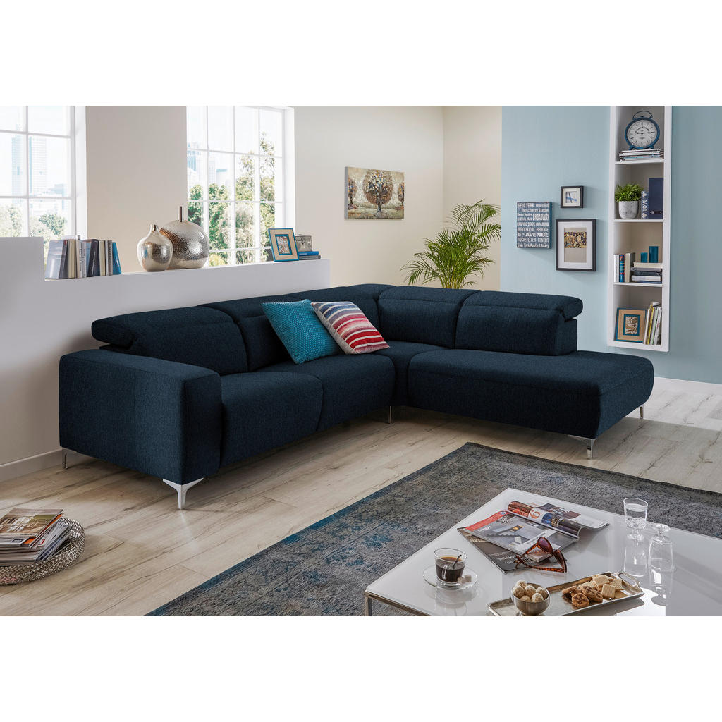 Thumbnail - Pure Home Lifestyle Ecksofa, Dunkelblau, Textil, Uni, 4-Sitzer, Ottomane links, L-Form, 290x238 cm, Goldenes M, Dgm, Typ...