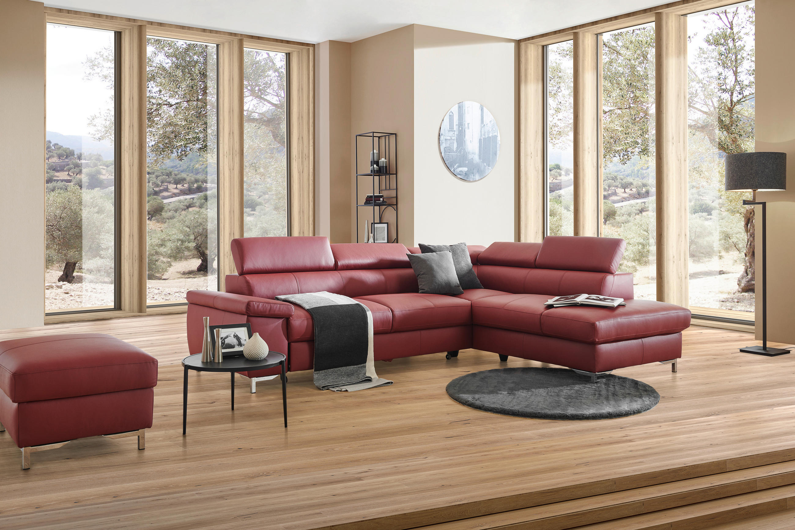 ECKSOFA in Echtleder Bordeaux  - Bordeaux/Schwarz, Design, Leder/Metall (268/213cm) - Stylife