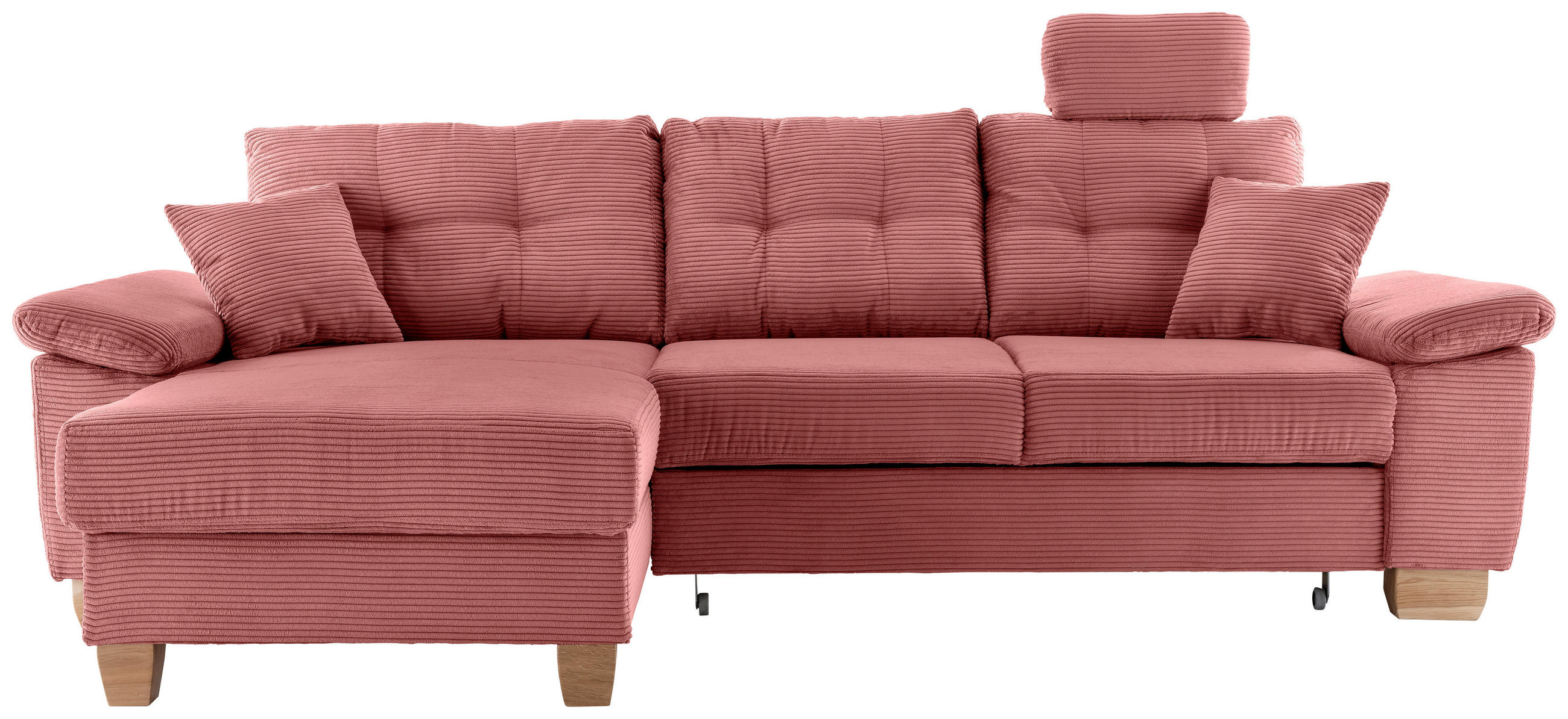 ECKSOFA Koralle Cord Bettkasten, Schlaffunktion, Sitztiefenverstellung, Kopfstütze, Liegefläche im Originalstoff  - Koralle/Naturfarben, MODERN, Holz/Textil (176/270cm) - Livetastic