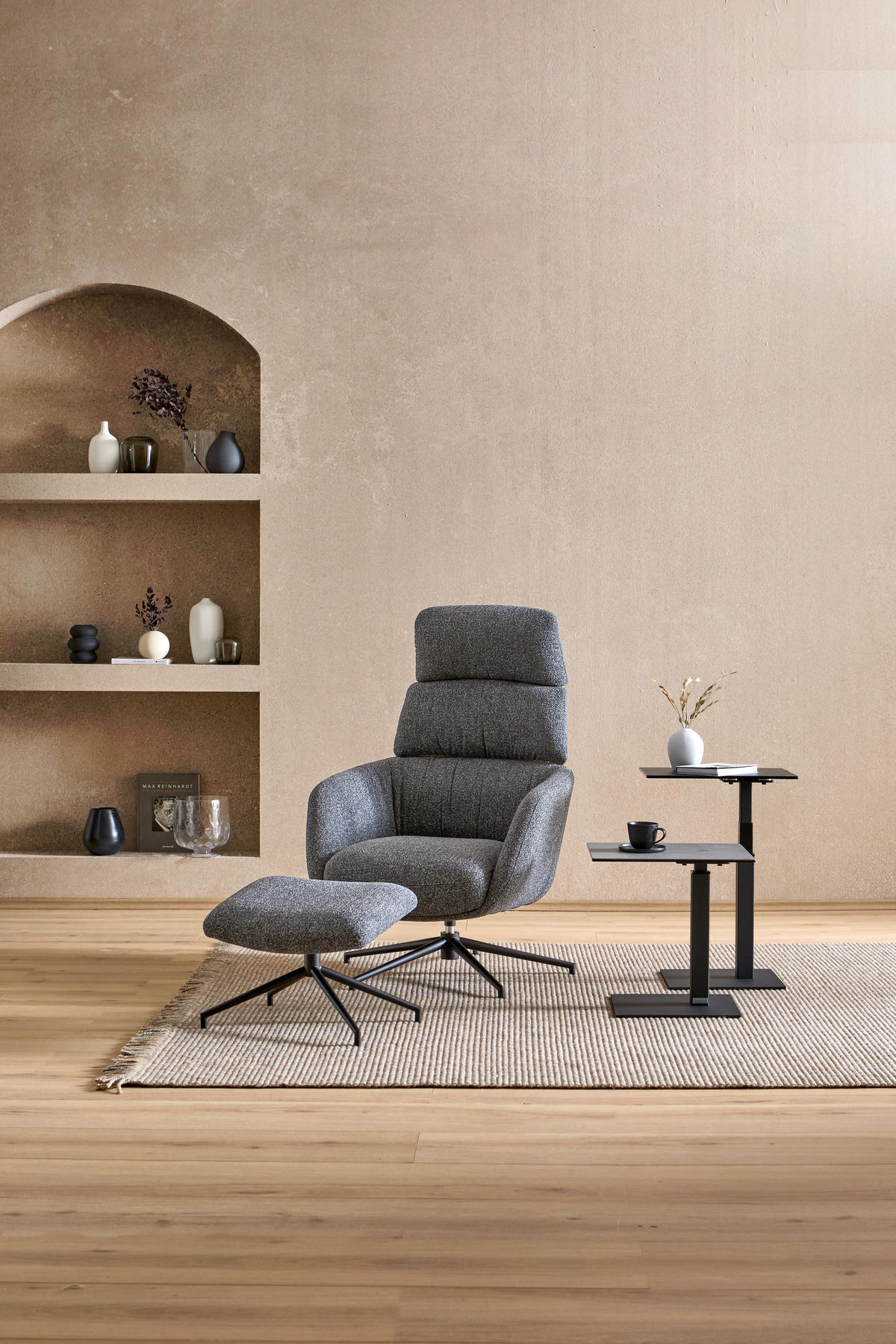 RELAXSESSELSET Webstoff Hocker, Kopfteilverstellung    - Schwarz/Grau, Design, Textil/Metall (73/110/87cm) - Dieter Knoll