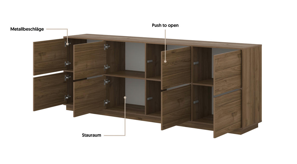 ŠIROKÁ KOMODA, barvy ořechu, 220,5/82,5/41,5 cm - barvy ořechu, Design, kompozitní dřevo (220,5/82,5/41,5cm) - MID.YOU