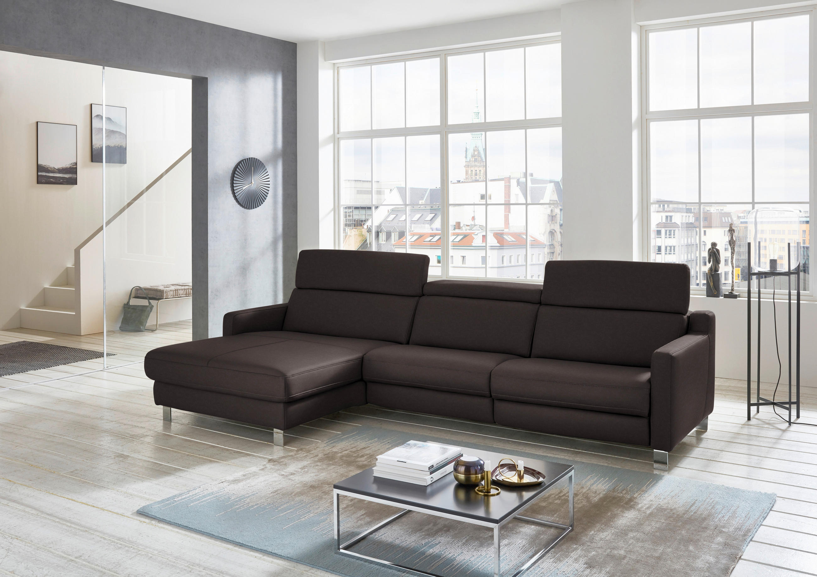 ECKSOFA in Echtleder Mokka  - Chromfarben/Mokka, Design, Leder/Metall (176/291cm) - Valdera