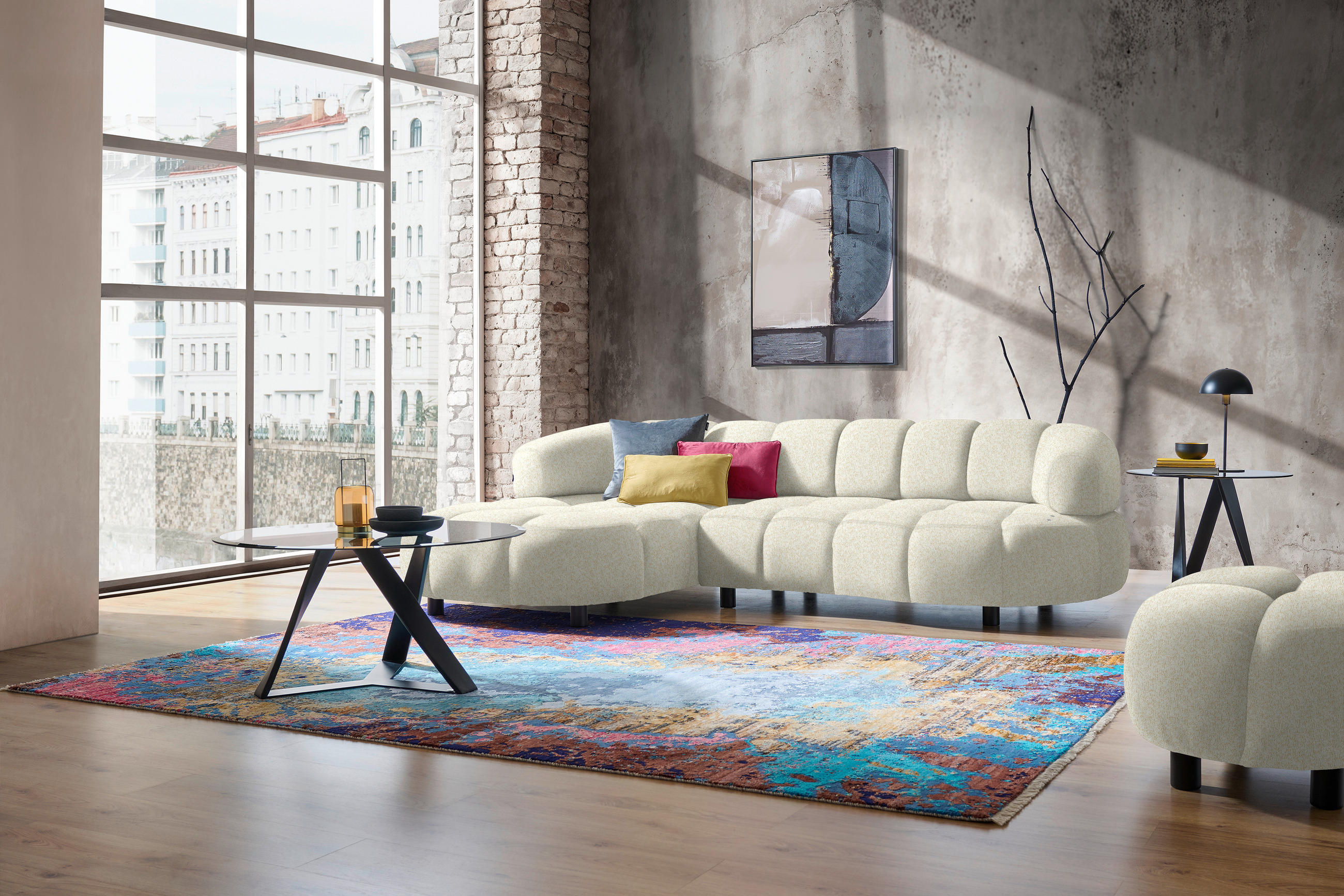 ECKSOFA Creme Webstoff  - Creme/Schwarz, Design, Holz/Textil (183/284cm) - Welnova