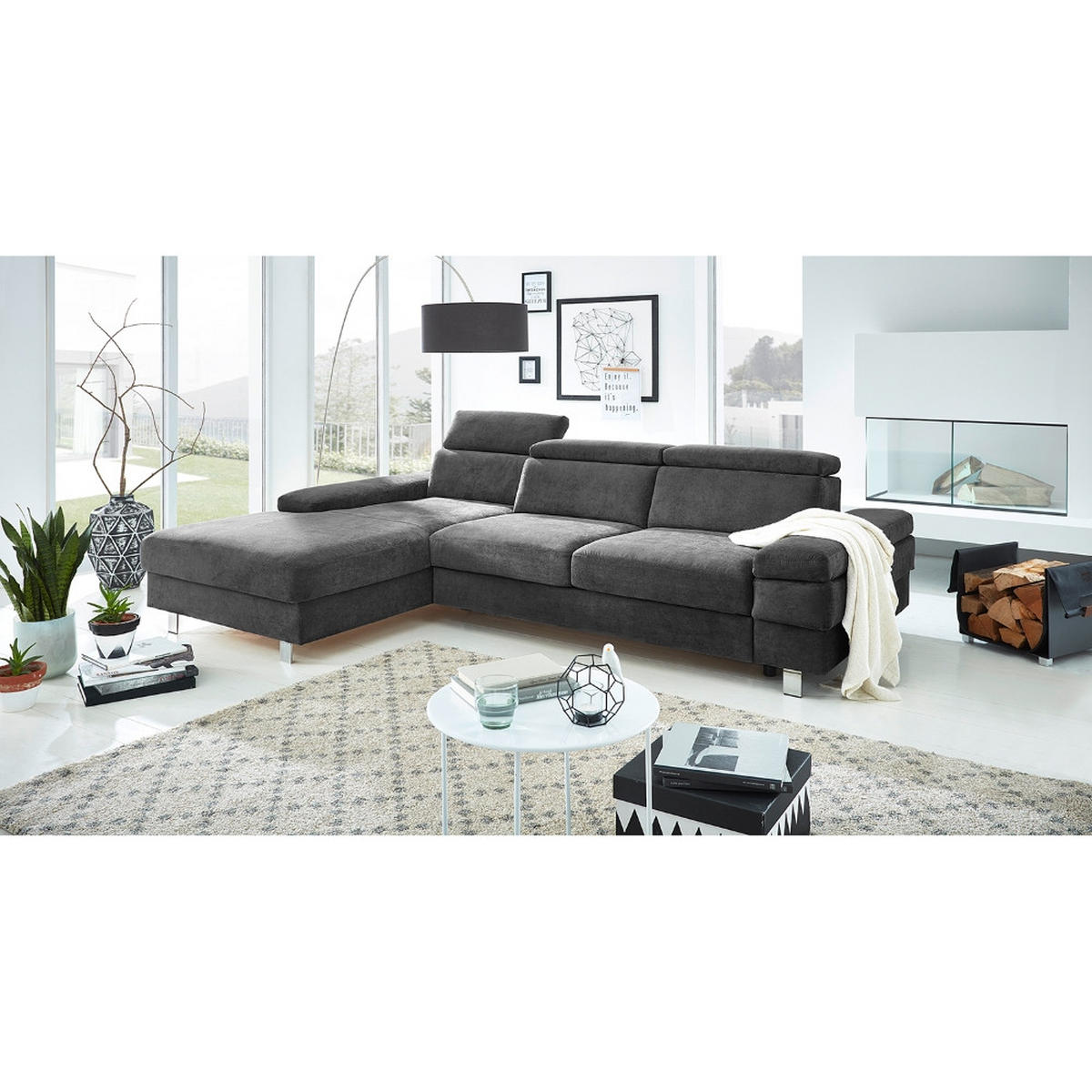 ECKSOFA in Webstoff Anthrazit  - Anthrazit/Silberfarben, Konventionell, Textil/Metall (260/82/182cm) - Trendmanufaktur