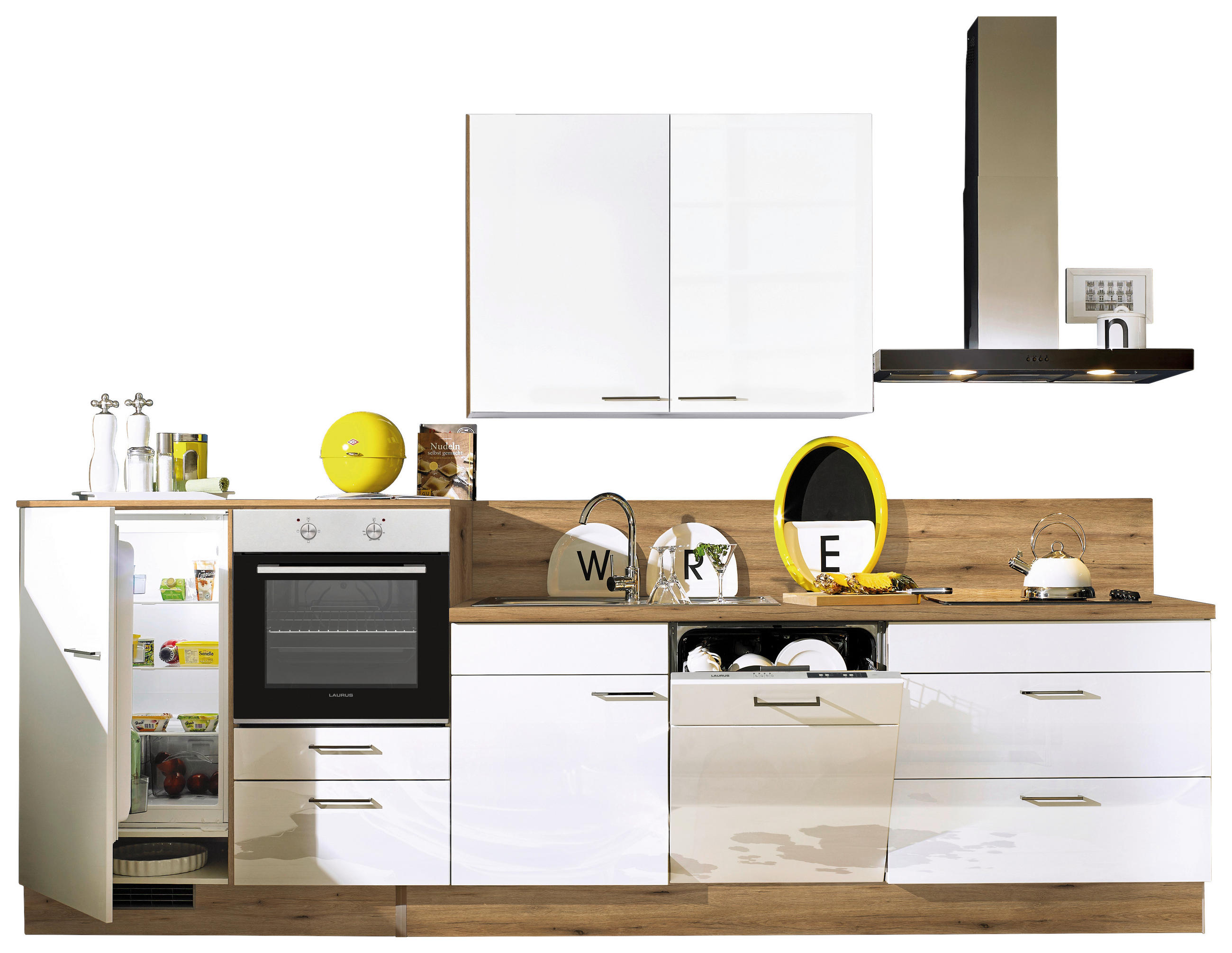 KÜCHENBLOCK 330 cm   in Weiß, Eichefarben  - Eichefarben/Schwarzchrom, Design, Holzwerkstoff/Metall (330cm) - Xora