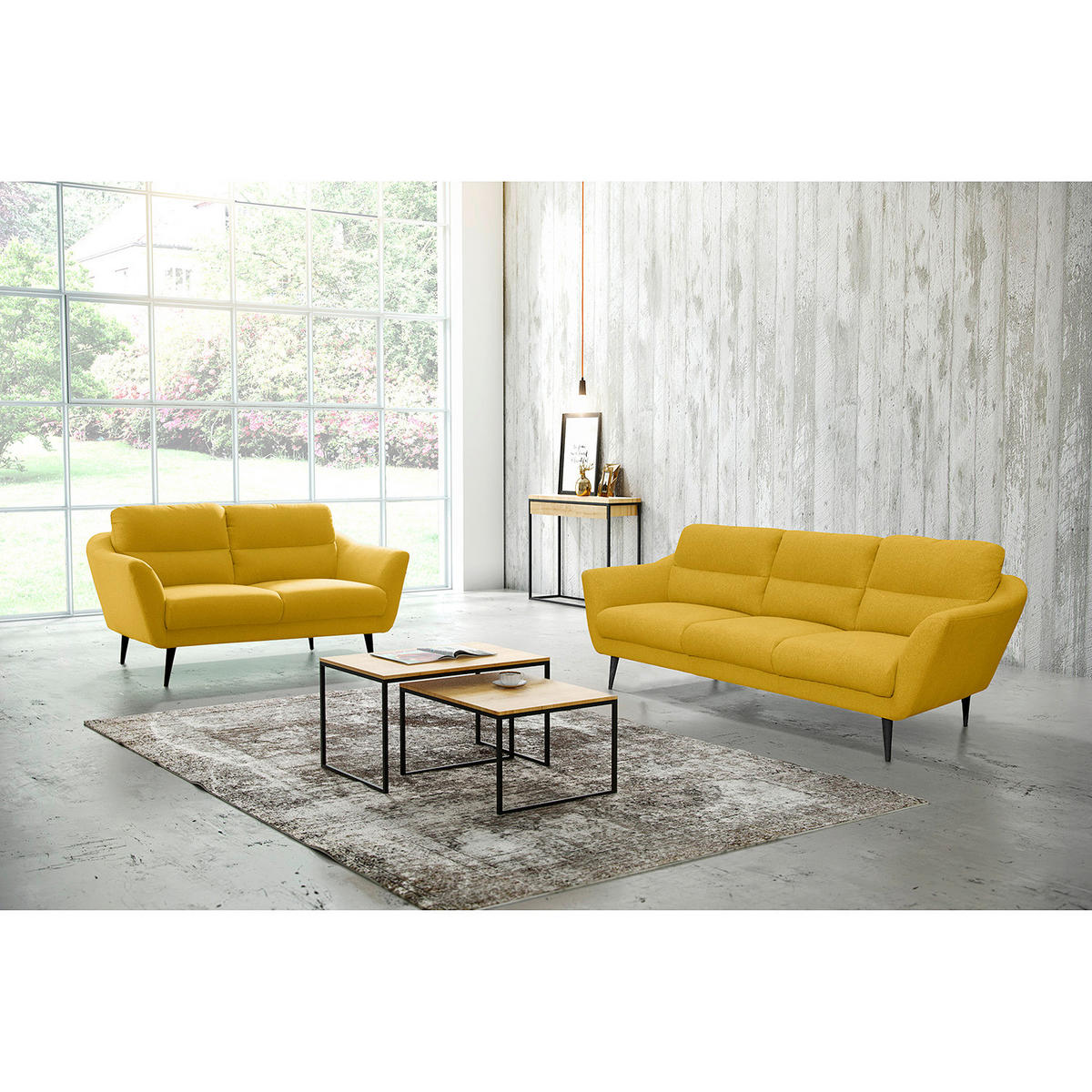 3-SITZER-SOFA in Webstoff Gelb  - Gelb/Schwarz, Design, Holz/Textil (209/87/88cm) - Livetastic