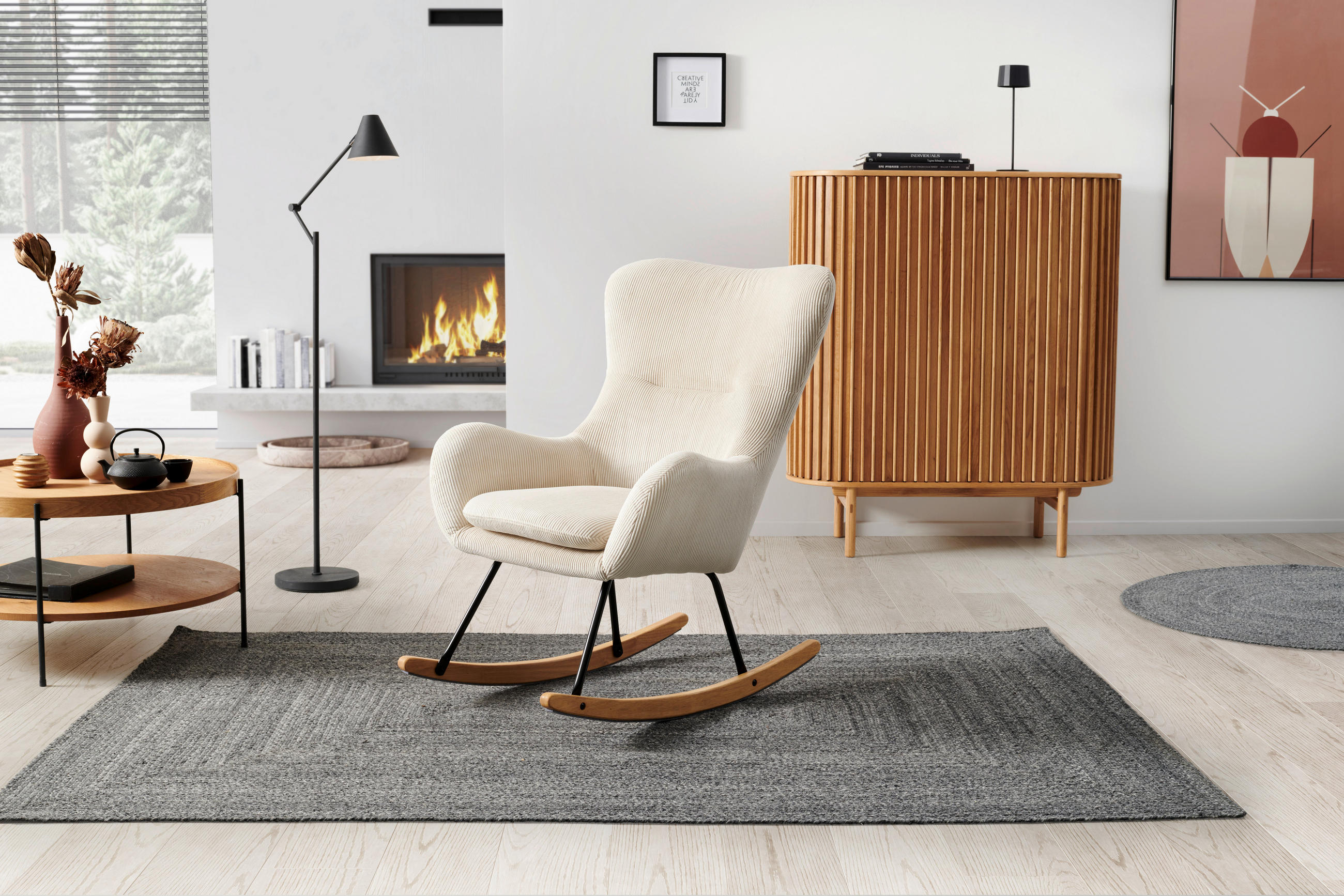 SCHAUKELSESSEL Cord    - Creme/Schwarz, MODERN, Holz/Textil (75/102/80cm) - MID.YOU