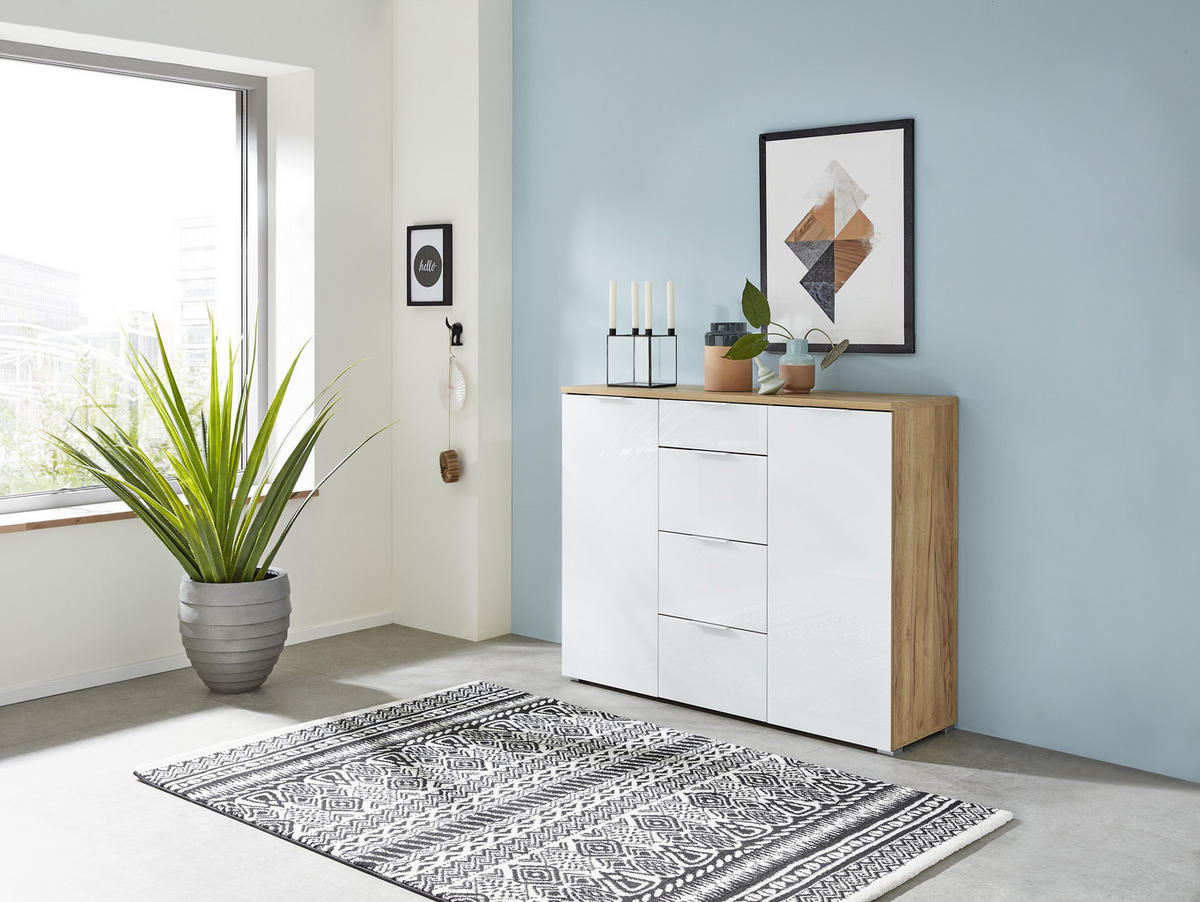 SIDEBOARD 134/105/40 cm  in Weiss, Eichefarben  - Weiss/Eichefarben, Konventionell, Glas/Holzwerkstoff (134/105/40cm)