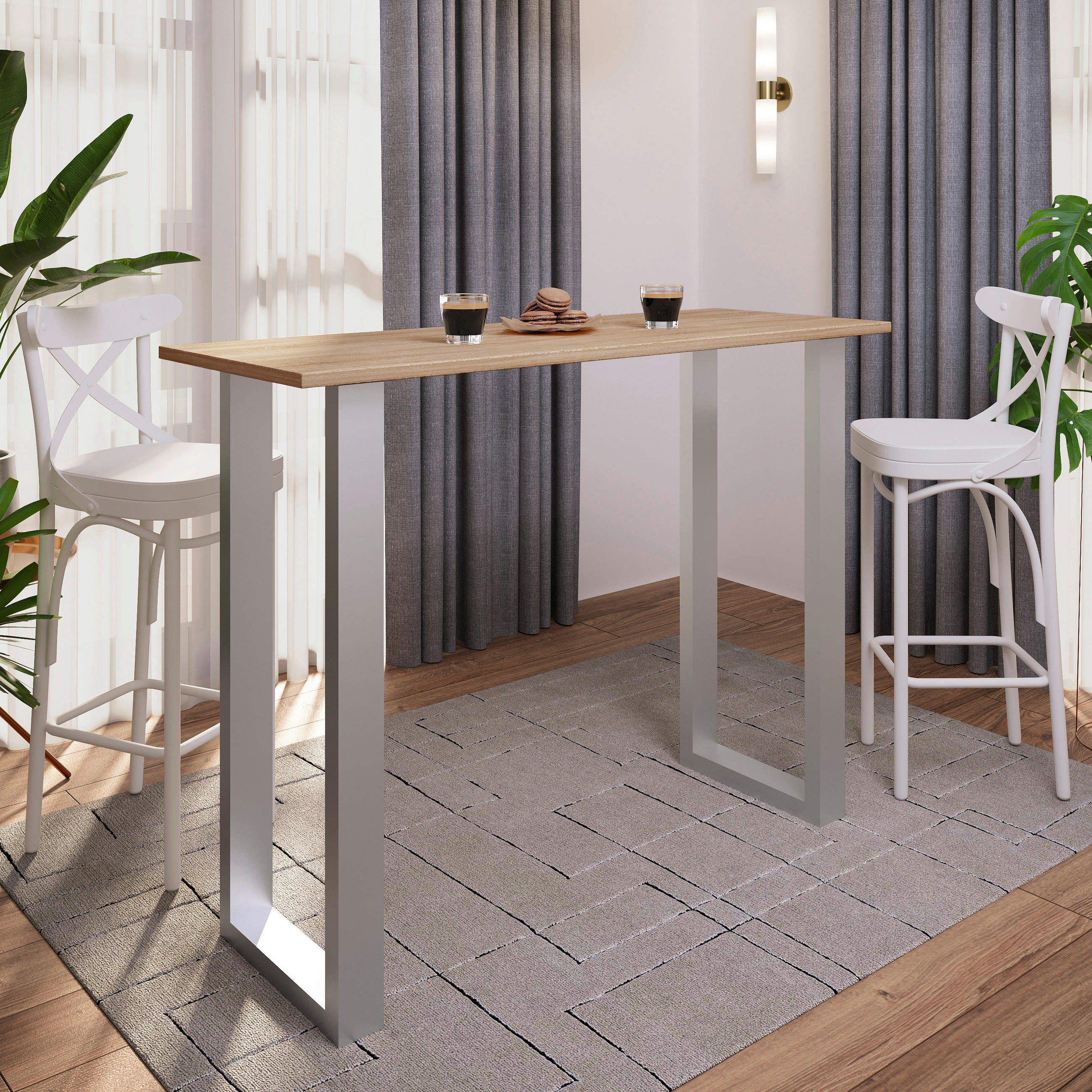 Thumbnail - Bartisch, Silber, Sonoma Eiche, Metall, Holzwerkstoff, rechteckig, U-Form, 50x102x140 cm, Esszimmer, Tische, Stehtische