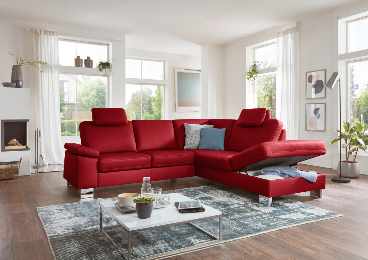 ECKSOFA  in Echtleder Rot  248/235 cm  - Rot/Alufarben, Design, Leder/Metall (248/235cm) - Beldomo Premium