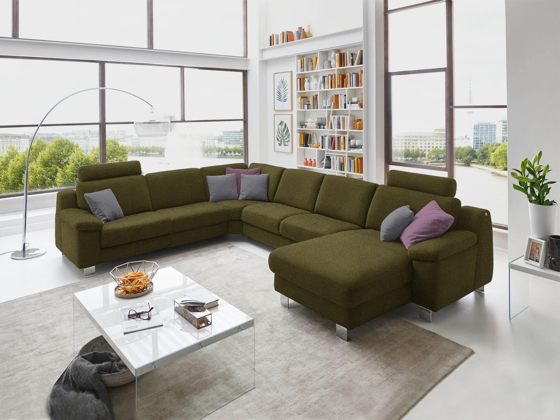WOHNLANDSCHAFT in Mikrofaser Grün  - Chromfarben/Grün, Design, Textil/Metall (278/364/166cm) - Valdera