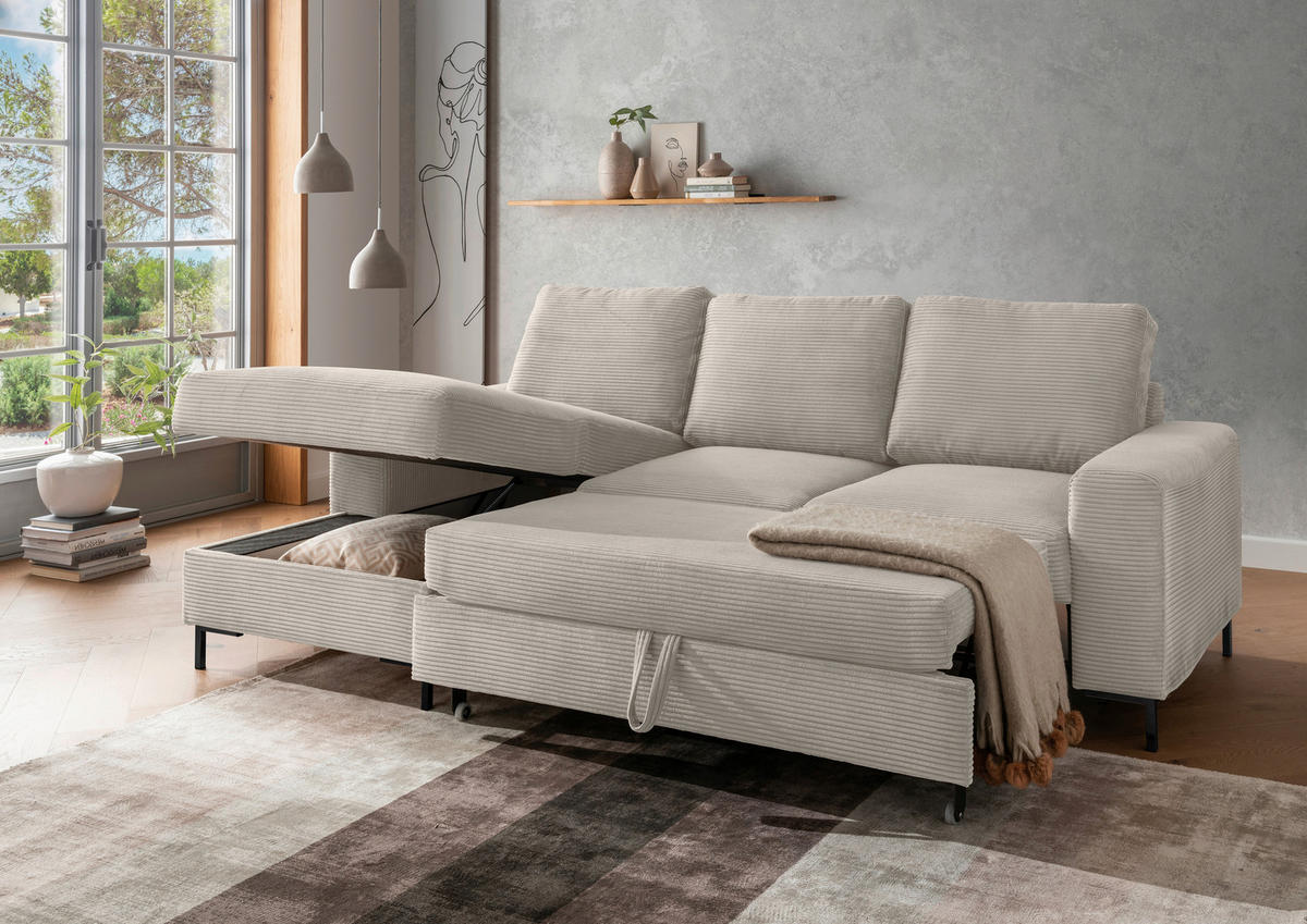 ECKSCHLAFSOFA  mit Rücken echt Cord Beige  - Beige/Schwarz, KONVENTIONELL, Textil/Metall (143/237cm) - Livetastic