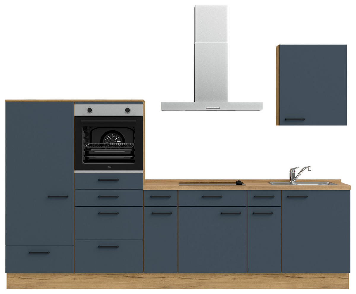 KÜCHENBLOCK Easytouch 300 cm  in Blau, Eichefarben  - Blau/Eichefarben, MODERN, Holzwerkstoff/Metall (300cm) - Nobilia