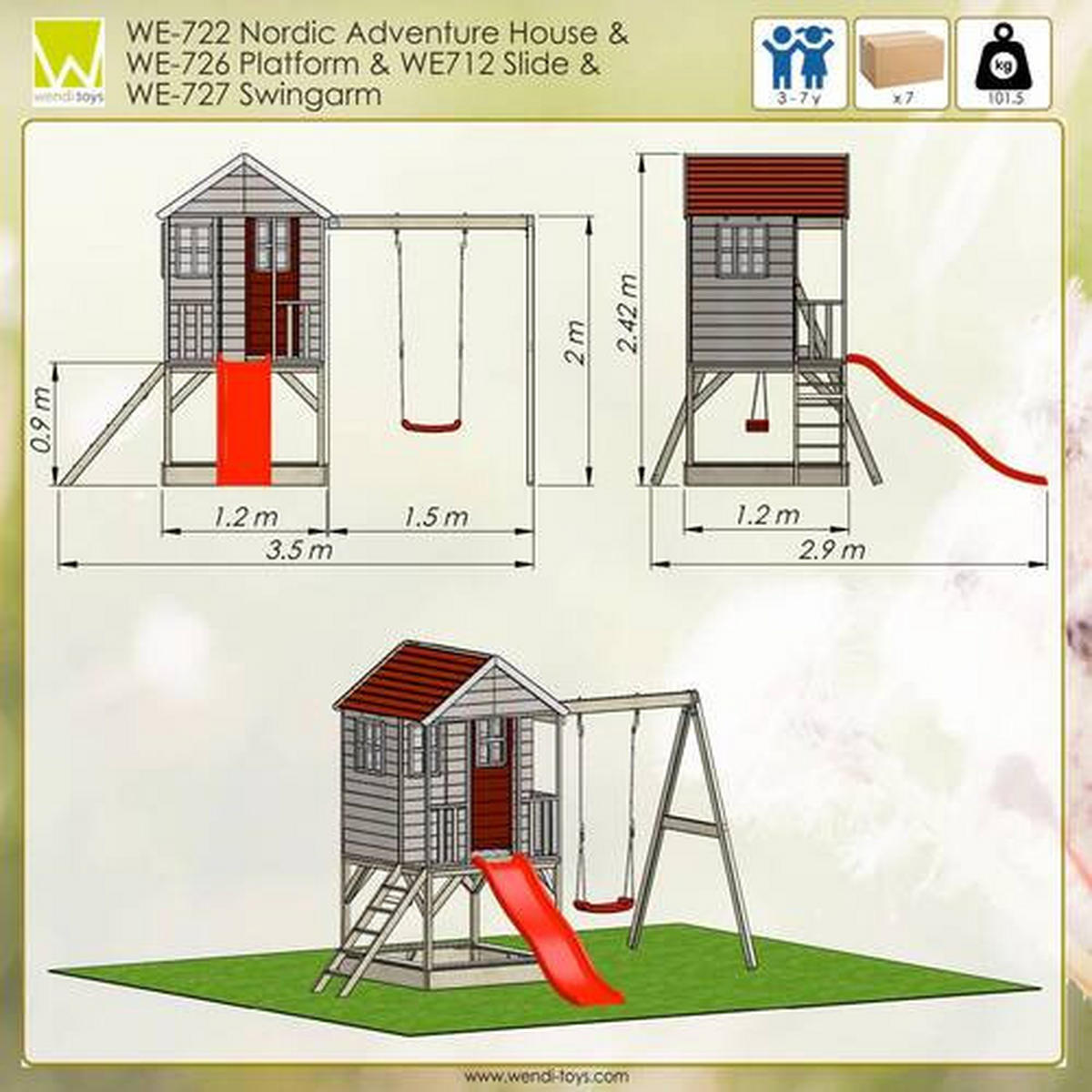 SPIELHAUS 350/242/290 cm  - Rot/Naturfarben, KONVENTIONELL, Holz (350/242/290cm) - Ambia Garden