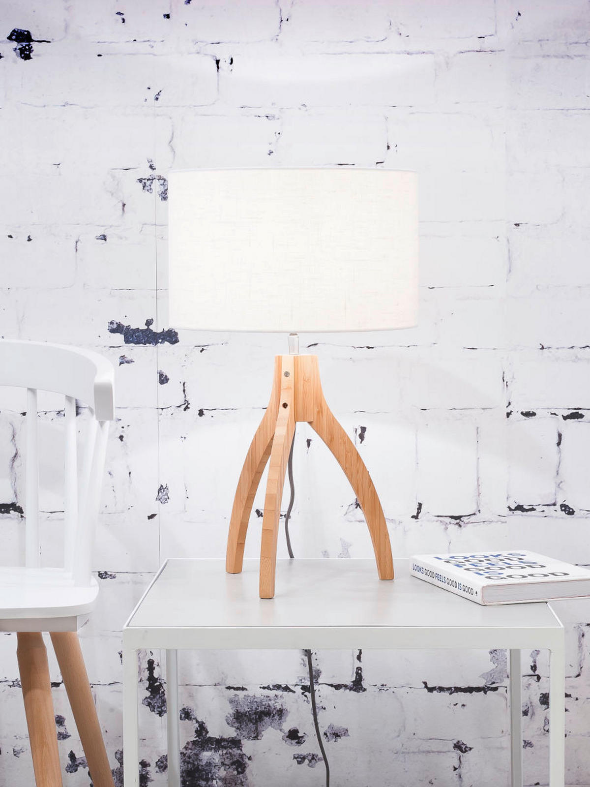 STOLNÍ LAMPA, nástěnný stmívač, 36/54 cm  - bílá/přírodní barvy, Trend, dřevo/textil (36/54cm) - Good & Mojo
