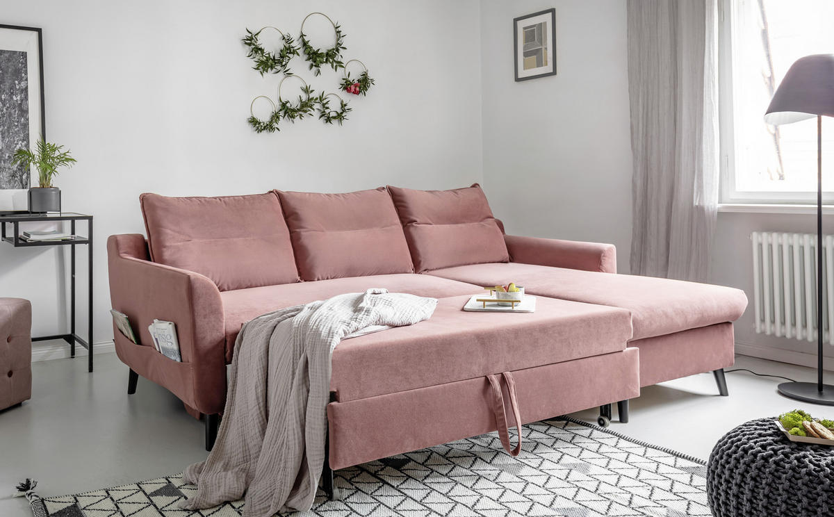 ECKSCHLAFSOFA Stylish Stan Velours Altrosa  inkl. Rückenkissen, Bettkasten, Schlaffunktion  - Schwarz/Altrosa, Basics, Holz/Textil (230/150cm) - MID.YOU
