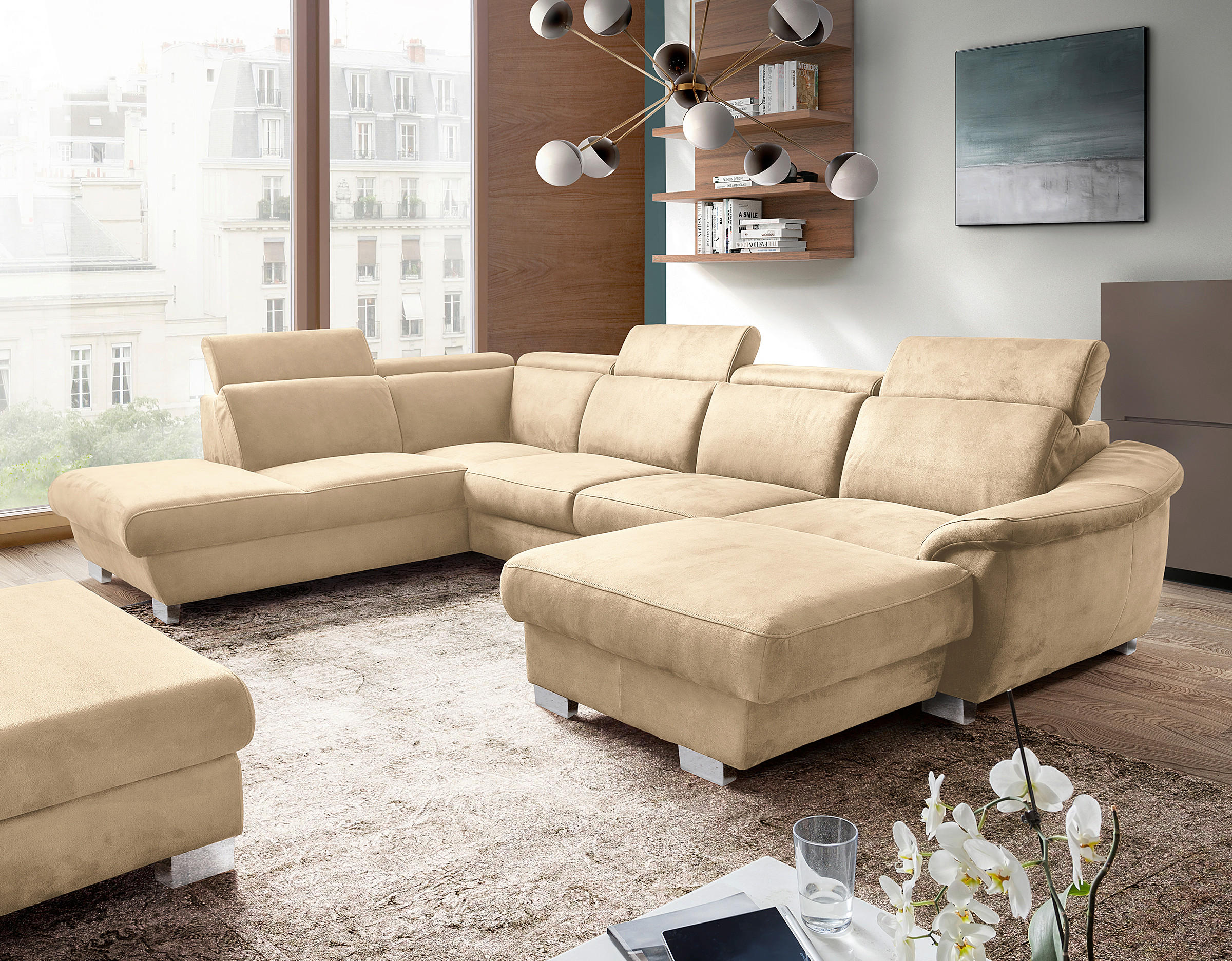 WOHNLANDSCHAFT Beige Mikrofaser  - Chromfarben/Beige, Design, Textil/Metall (273/347/238cm) - Livetastic