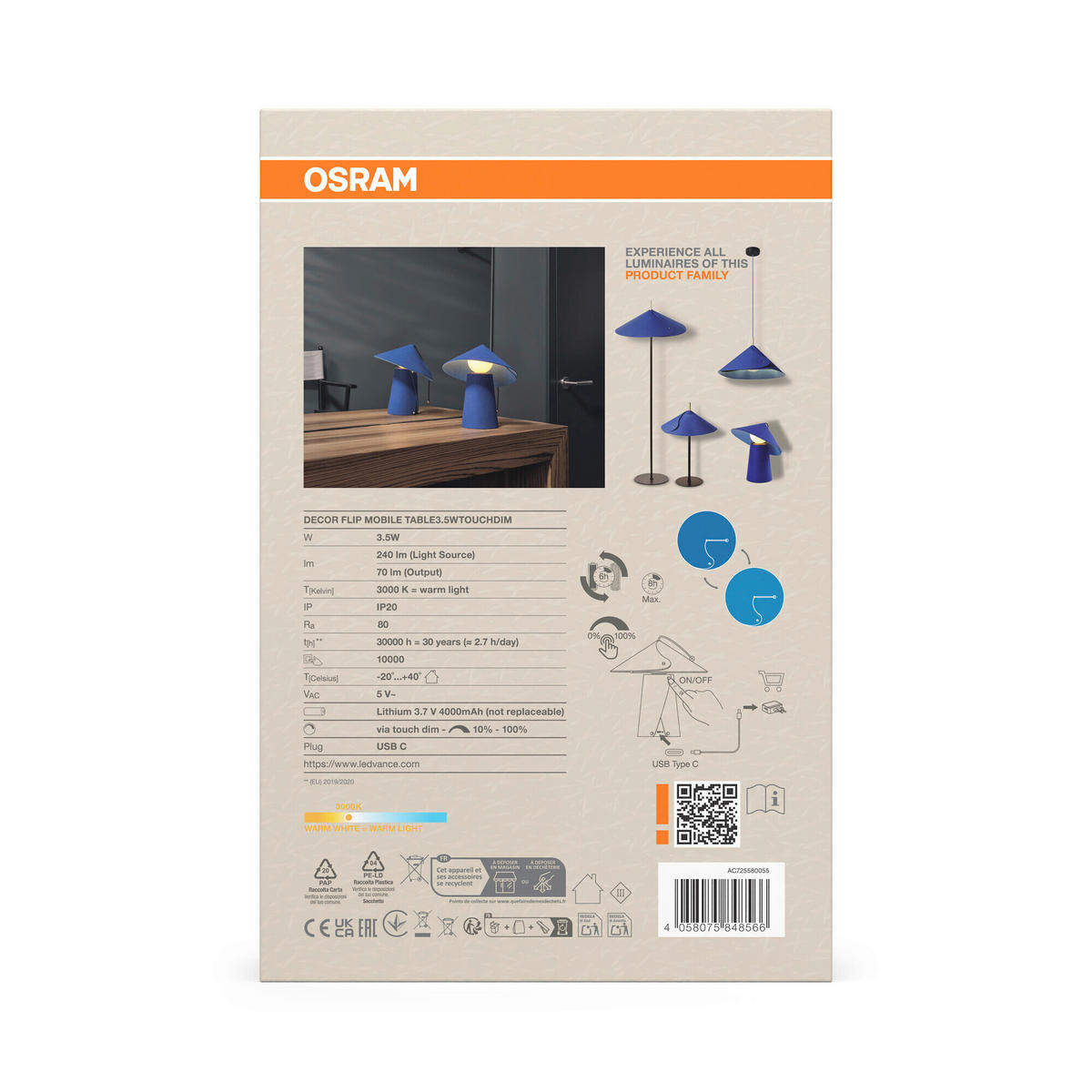 LED-TISCHLEUCHTE 23,5/25,5 cm   - Blau, Basics, Textil (23,5/25,5cm) - Osram