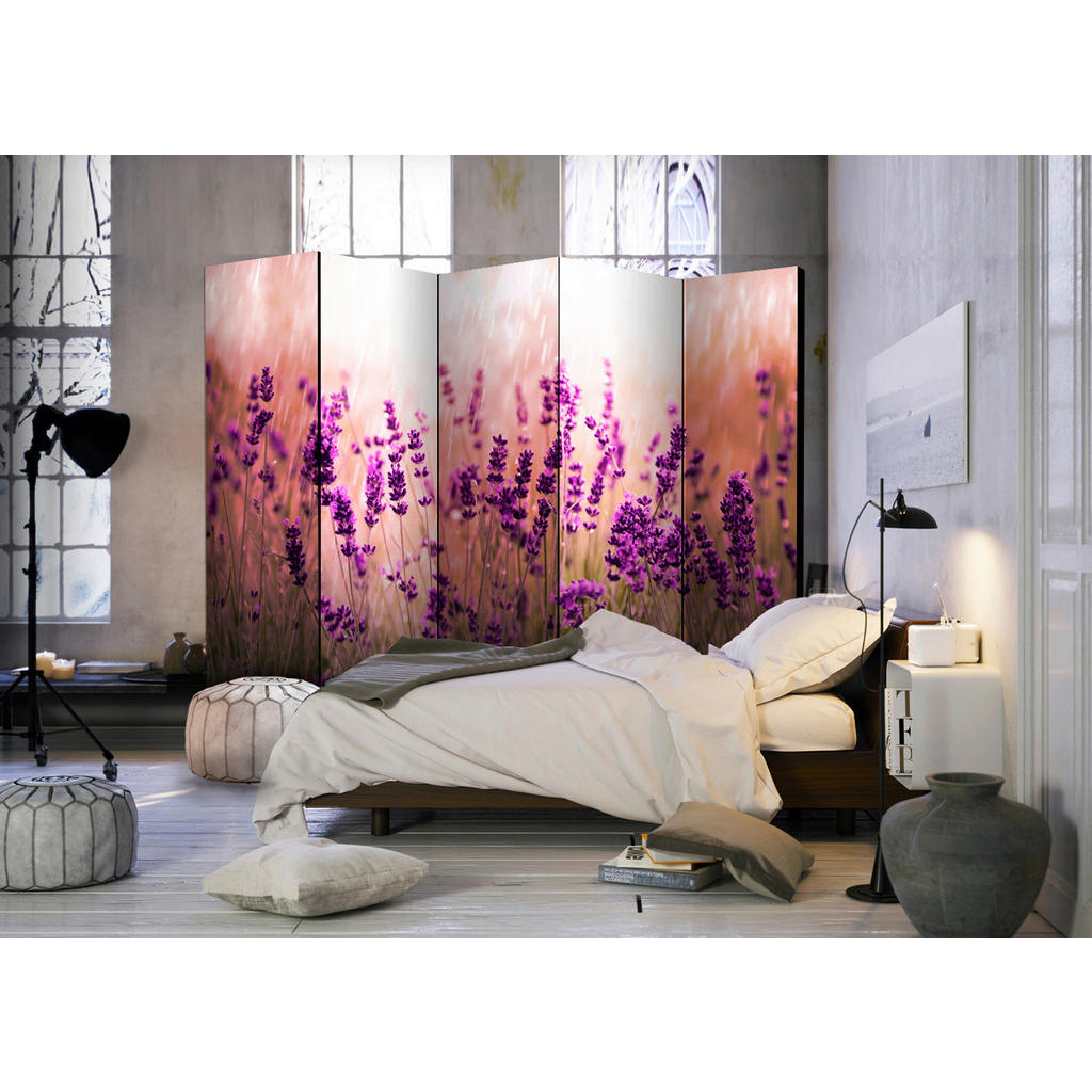 Thumbnail - artgeist Paravent, Violett, Hellgrün, Perlmutt, Holz, Textil, Kiefer, massiv, Blume, 225x172x3 cm, Motiv auf Vorderseite...