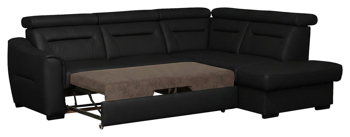ECKSOFA Schwarz Echtleder Lederlook Bettkasten, Schlaffunktion, Rücken echt, Kopfteilverstellung  - Wengefarben/Schwarz, Design, Leder/Holz (260/212cm) - Celina Home