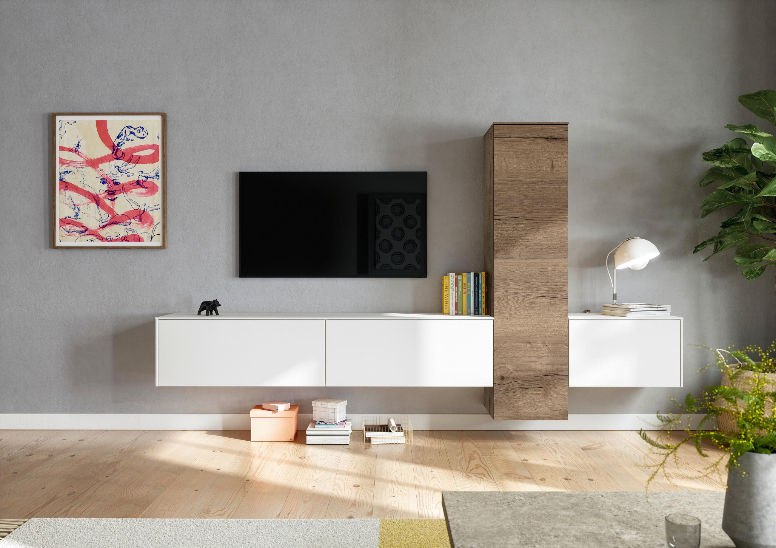 WOHNWAND  in Weiß, Eichefarben  282/160/37 cm  - Eichefarben/Weiß, Design, Holzwerkstoff (282/160/37cm) - Celina Home