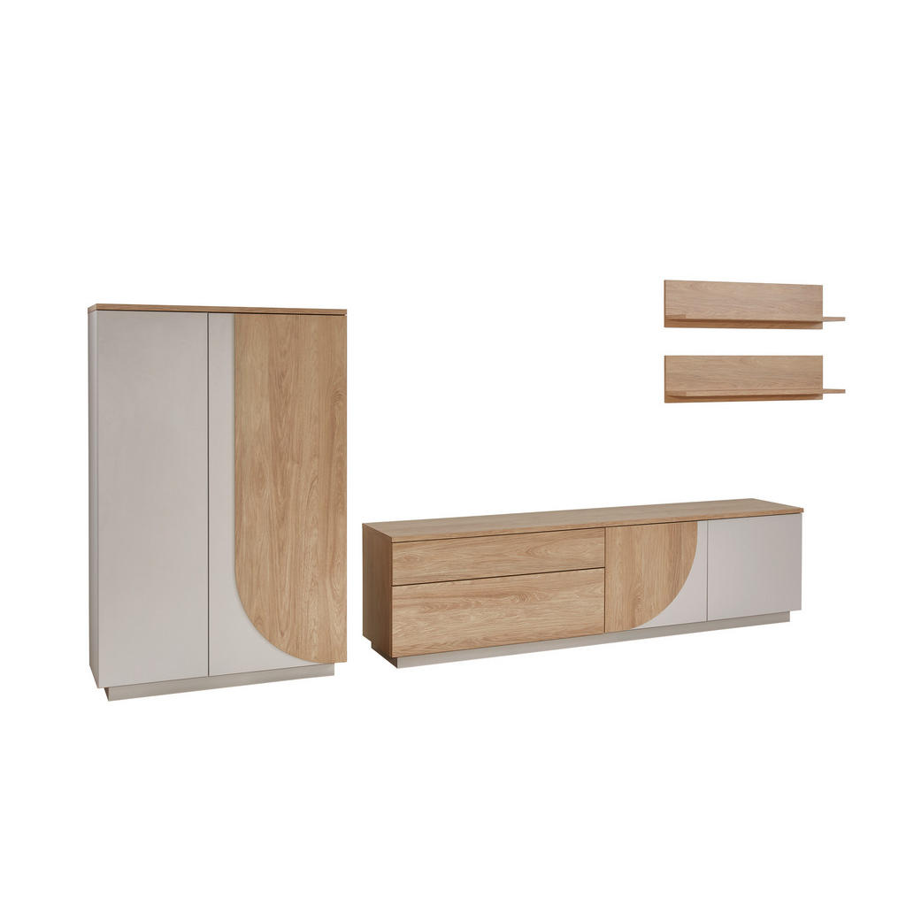 Thumbnail - Stylife Wohnwand, Eiche, Kaschmir, Holzwerkstoff, 4-teilig, 8 Fächer, 2 Schublade(n) Schubladen, E, 315x174x42 cm, Beimö...