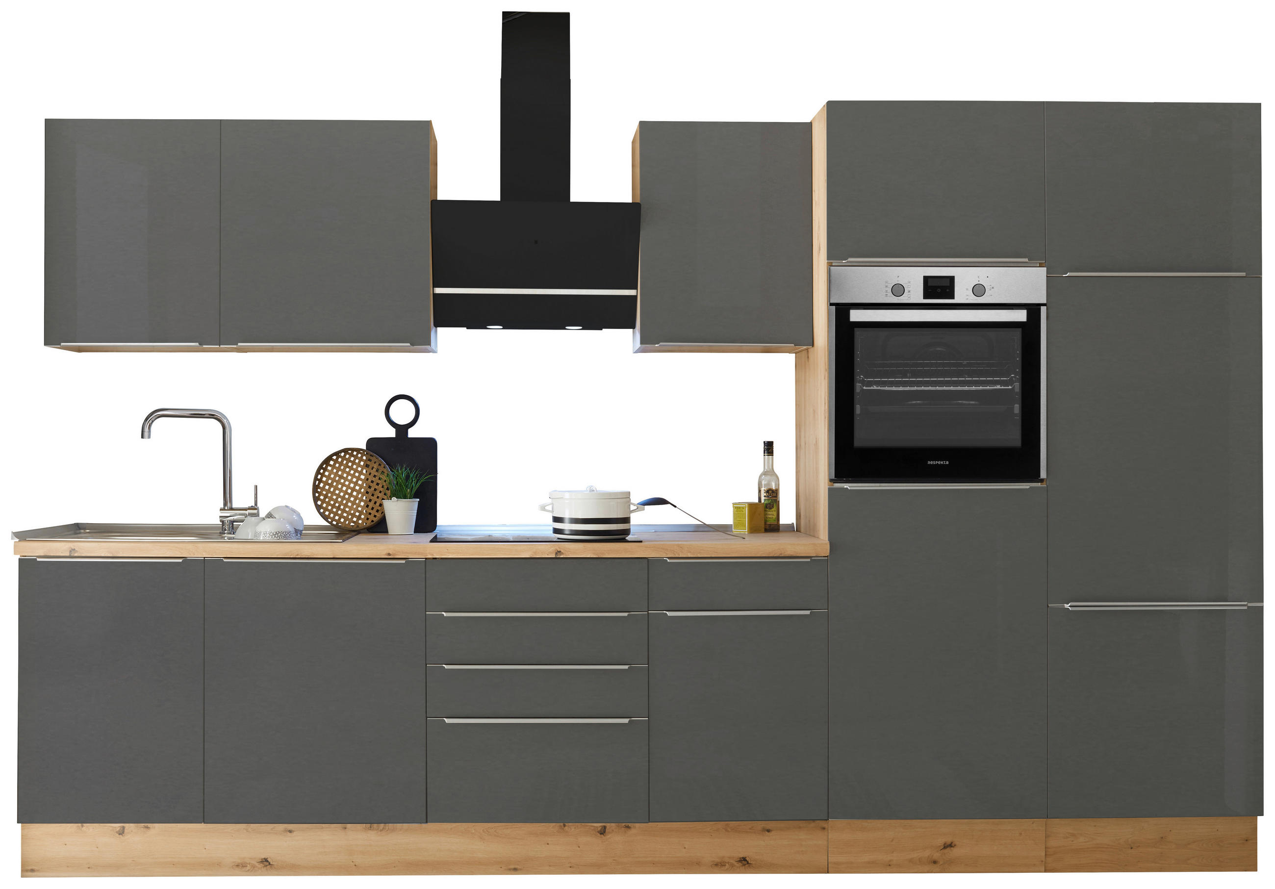KÜCHENBLOCK 340 cm   in Anthrazit, Grau, Eiche Artisan  - Anthrazit/Alufarben, LIFESTYLE, Holzwerkstoff/Kunststoff (340cm) - Respekta