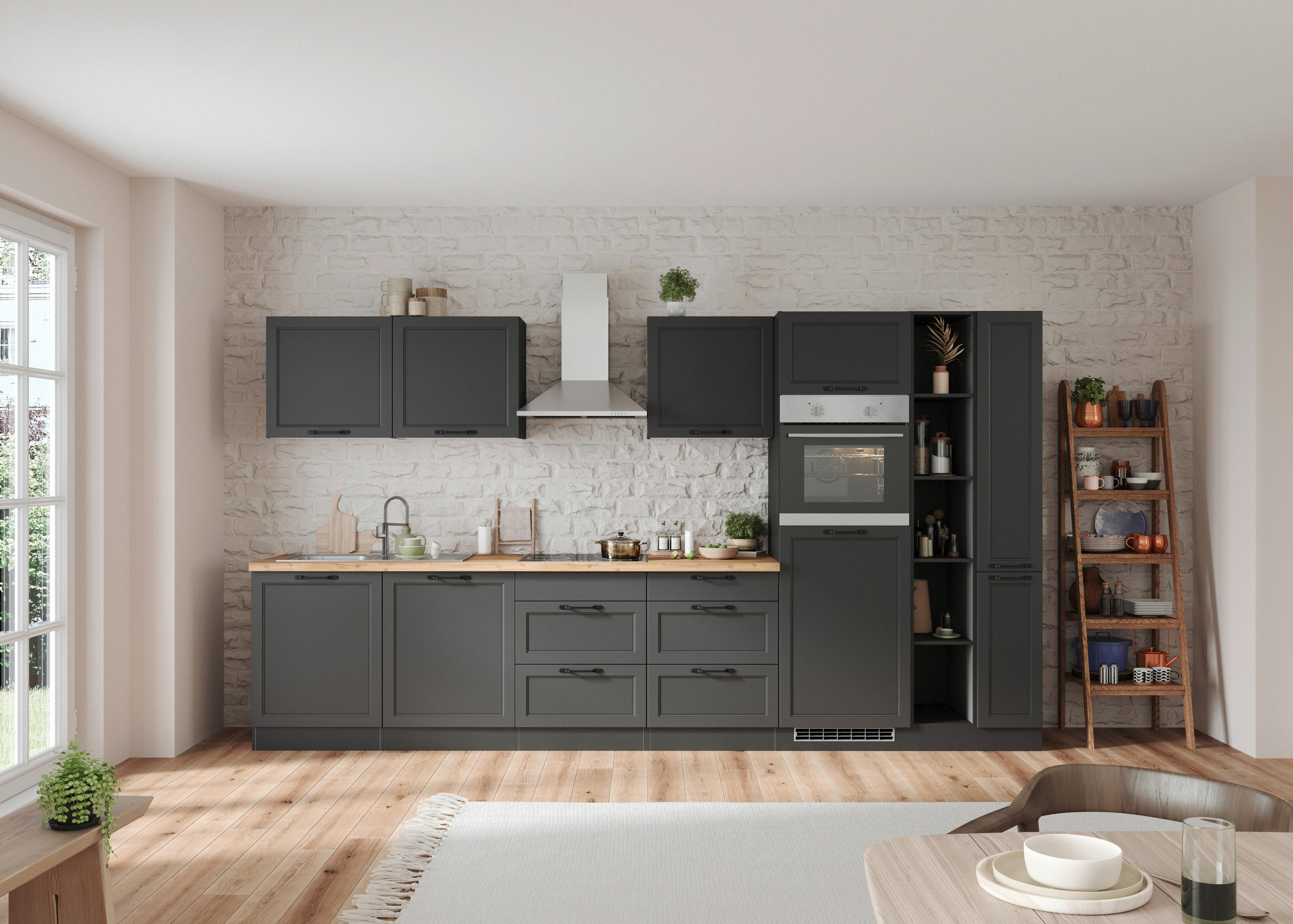 KÜCHENBLOCK 360 cm   in Grau, Eiche Wotan  - Eiche Wotan/Schwarz, LIFESTYLE, Holzwerkstoff/Metall (360cm) - Held