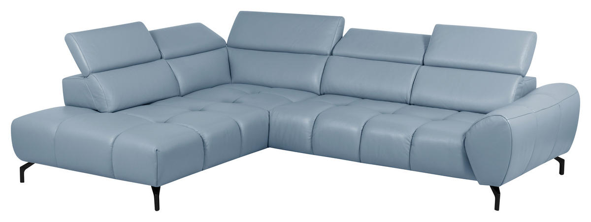 ECKSOFA AERO Graublau Echtleder Kopfteilverstellung, Rücken echt  - Graublau/Schwarz, MODERN, Leder/Metall (294/224cm) - Celina Home